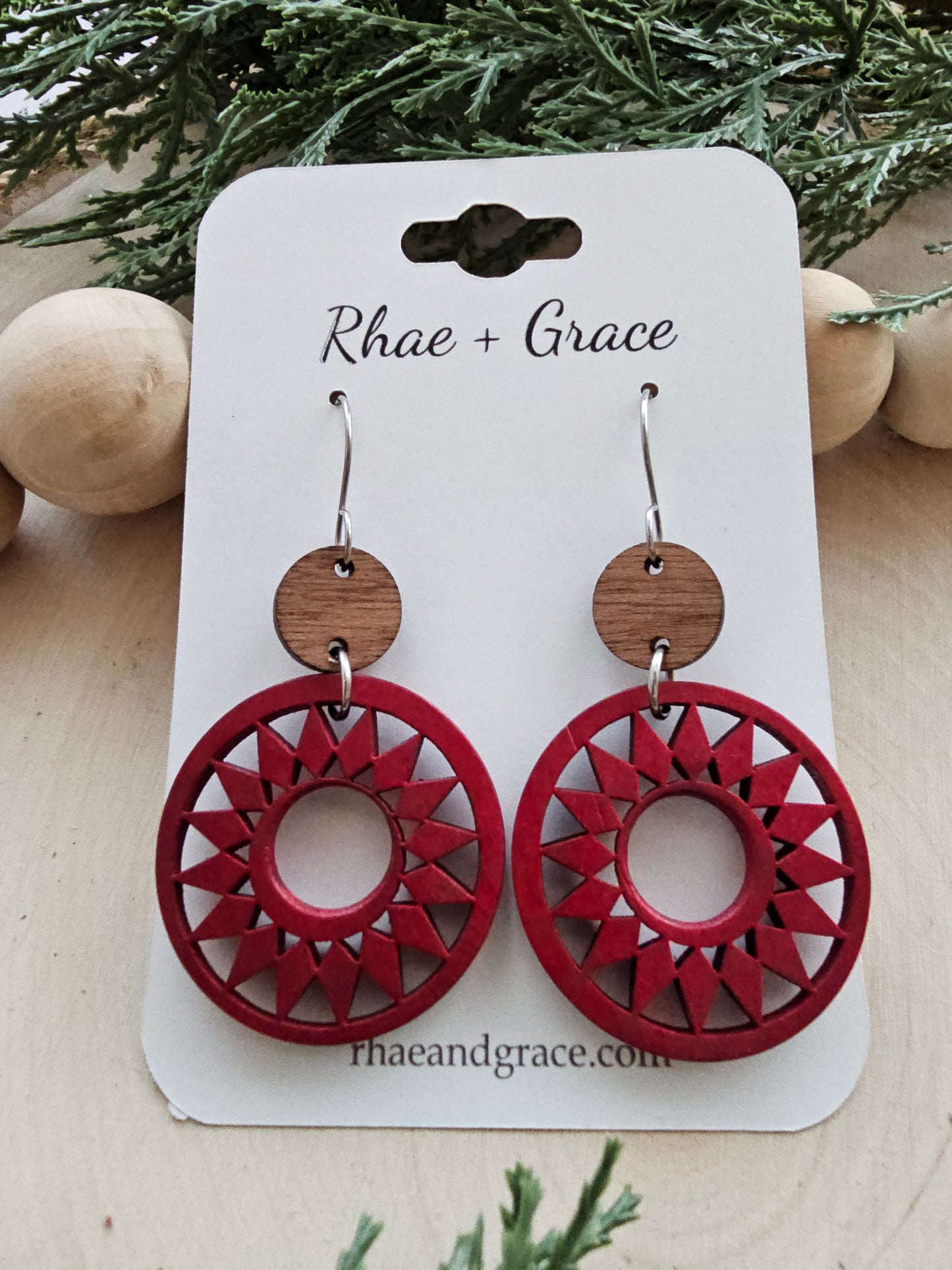 Deep Red Wood Star Hoop Earrings