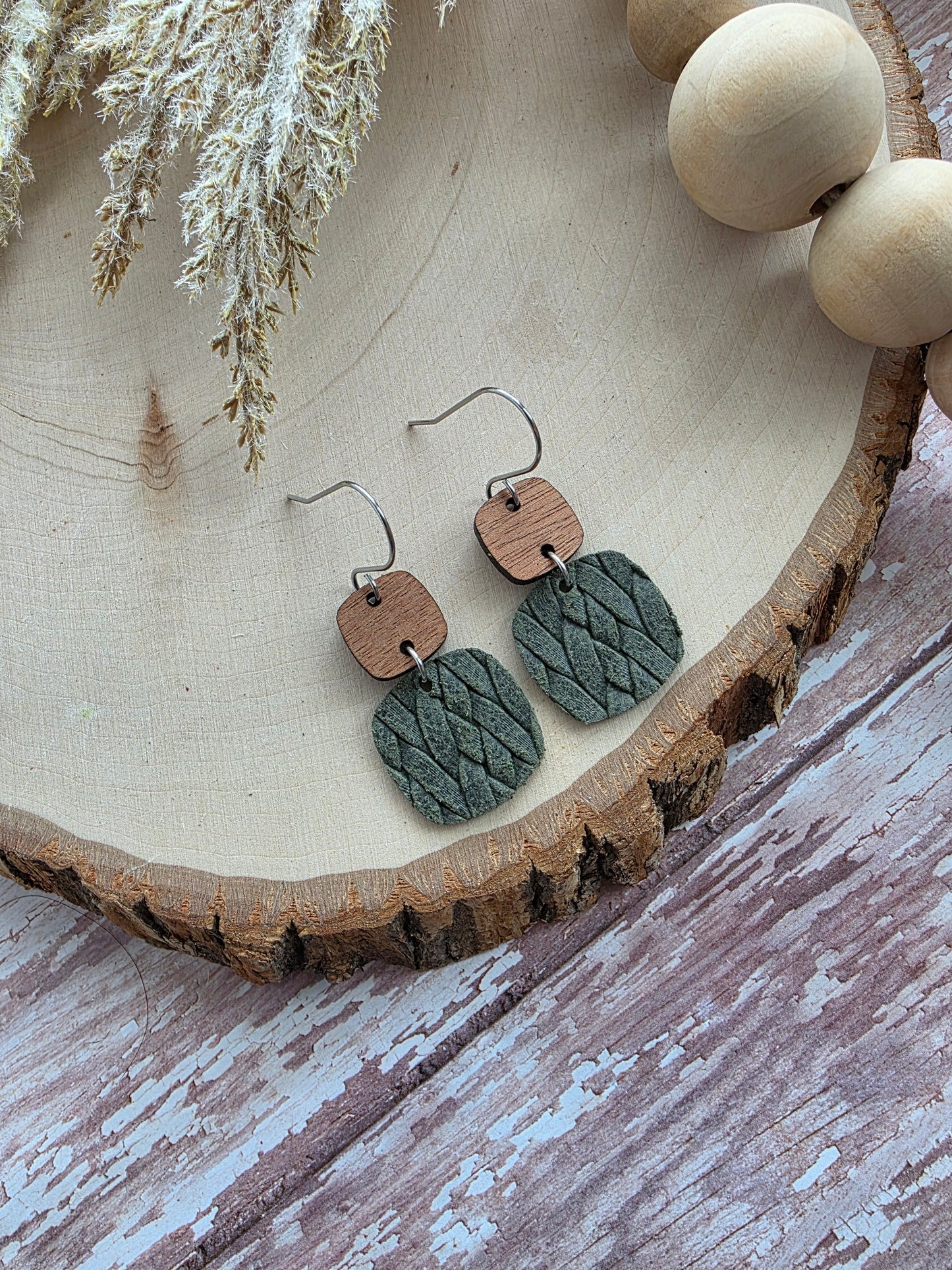Dark Olive Green Braid Embossed Rounded Square Earrings