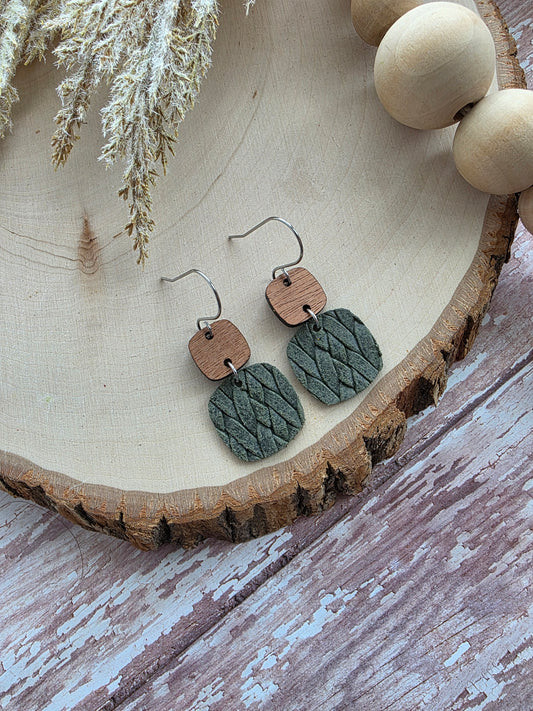 Dark Olive Green Braid Embossed Rounded Square Earrings