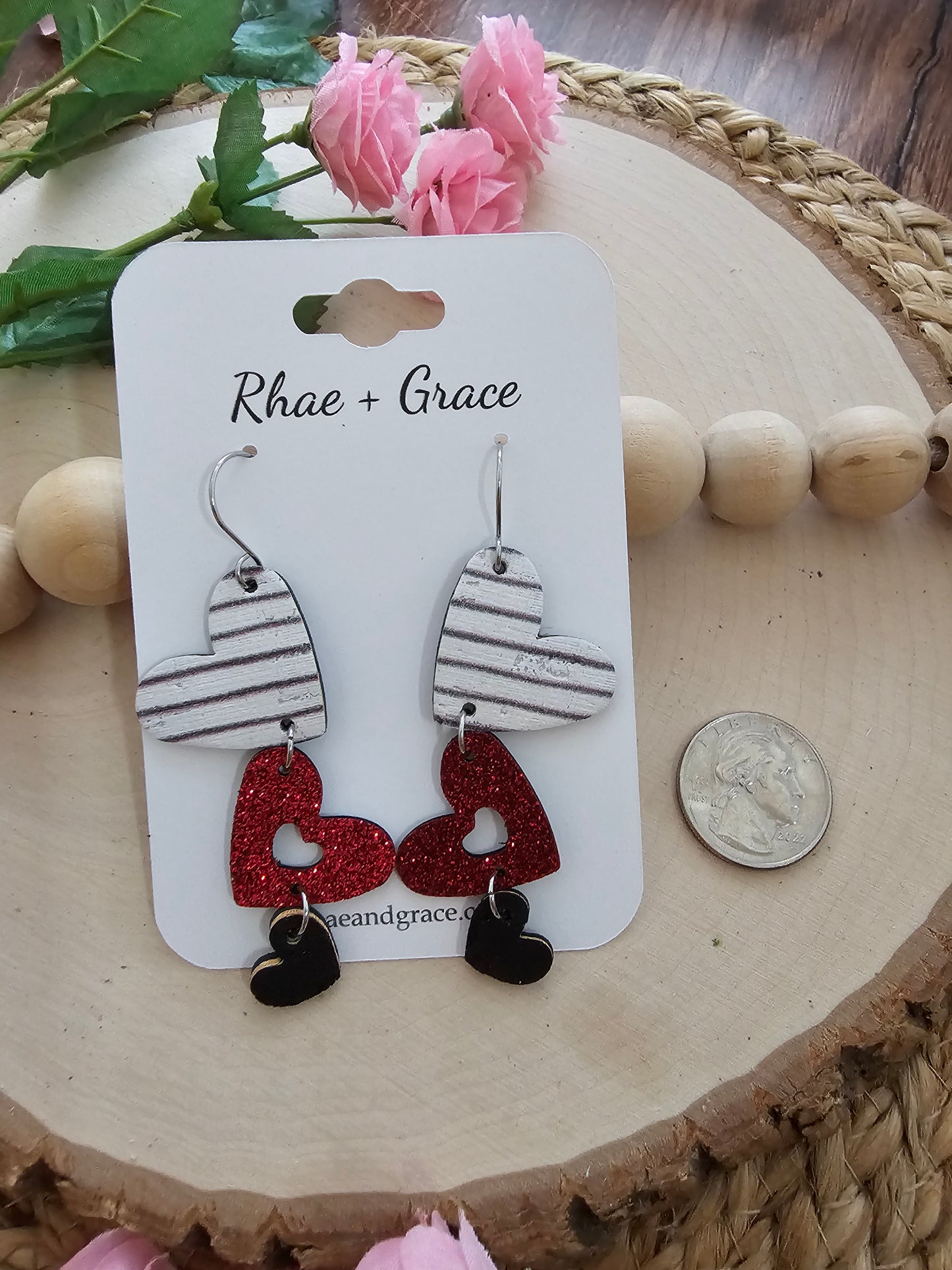 Red Glitter & Striped Cascading Heart Earrings