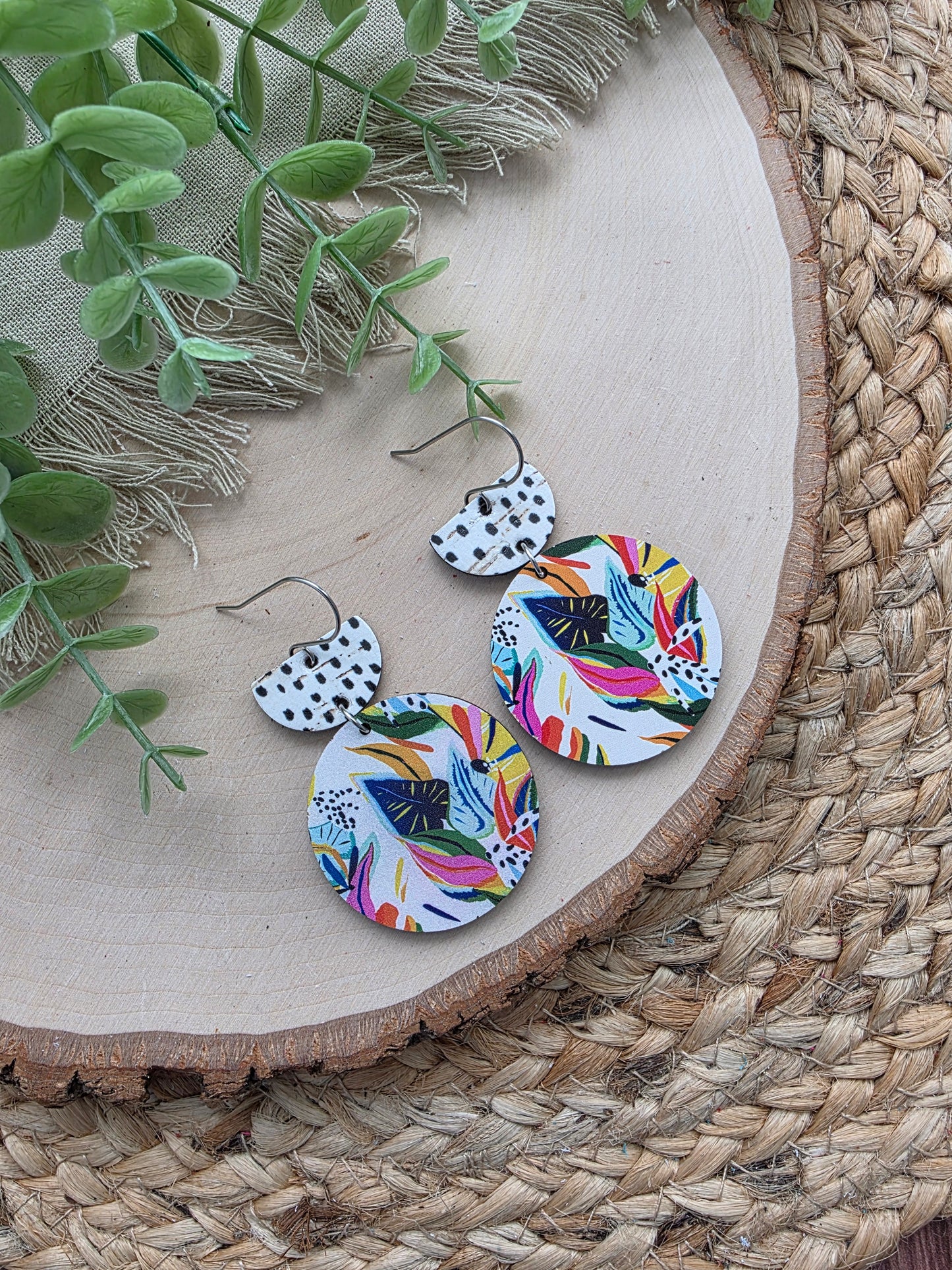 Colorful Tropical Floral Circle Earrings - Black & White Spotted