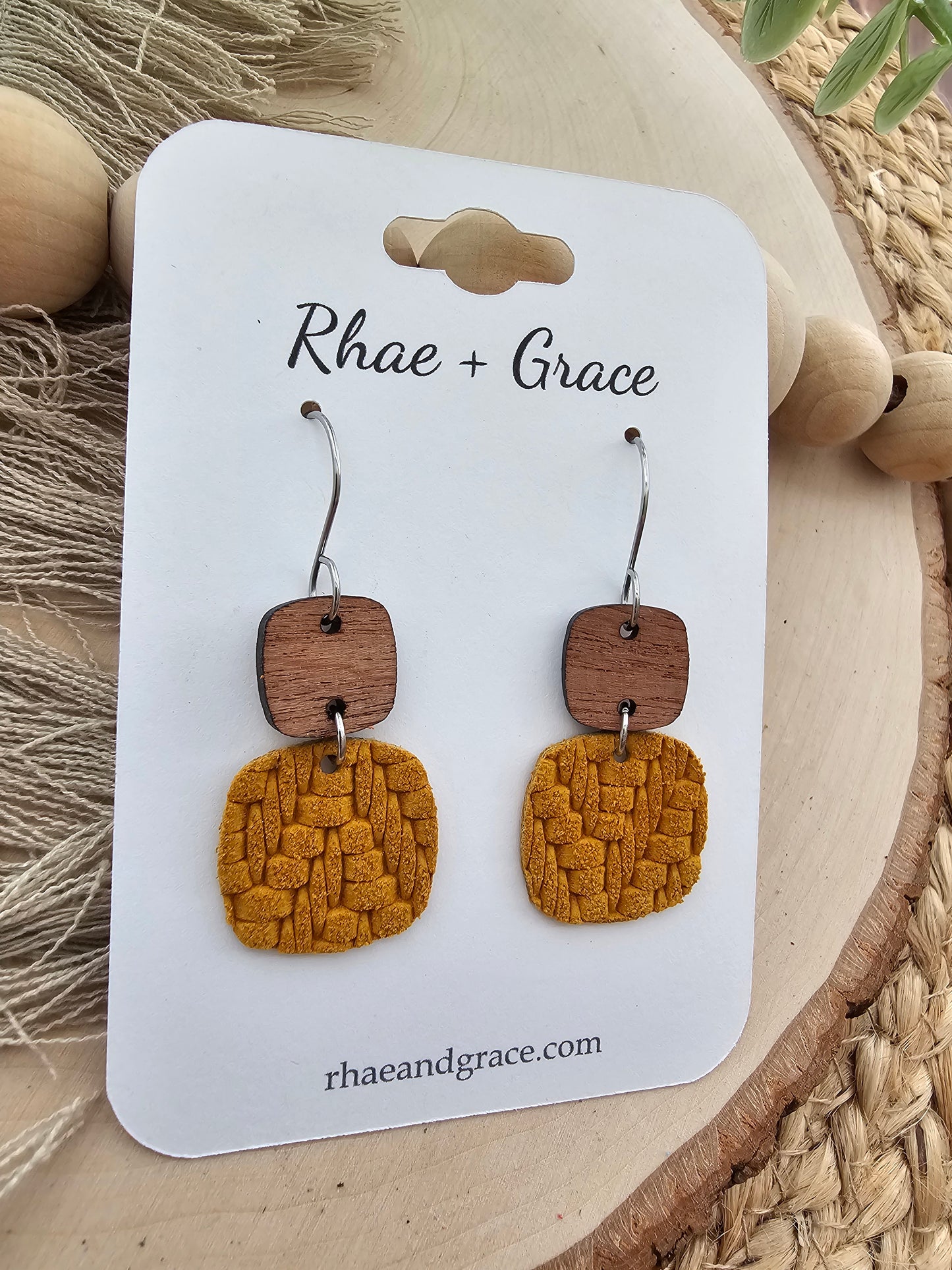 Mustard Knit Embossed Braid Rounded Square Earrings