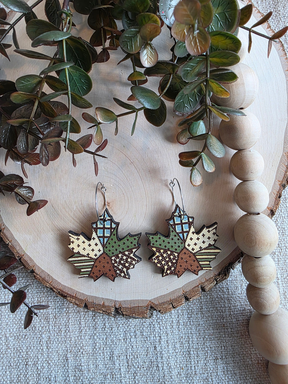Patchwork Maple Leaf Wood Earrings - Blue/Green