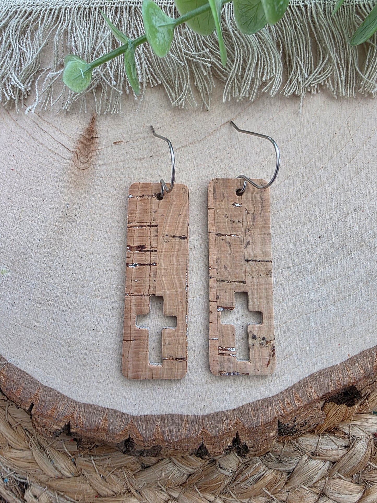 Natural Cork Silver Cross Cutout Bar Earrings
