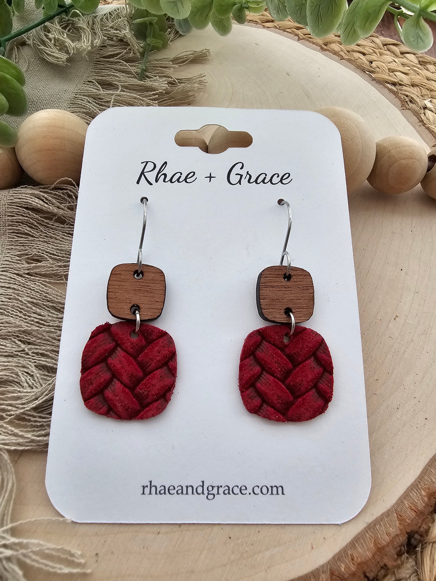 Red Embossed Braid Rounded Square Earrings