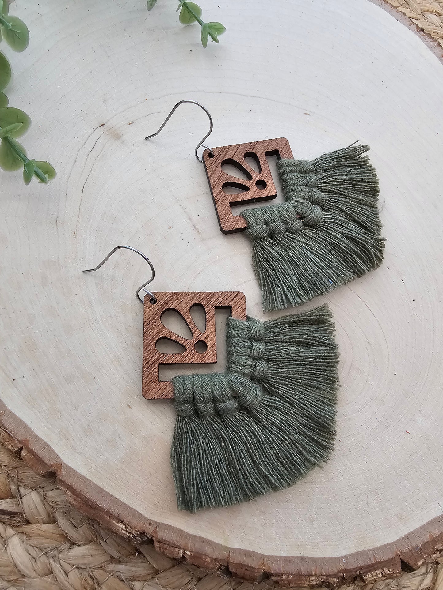 Olive Green Square Macramé Earrings