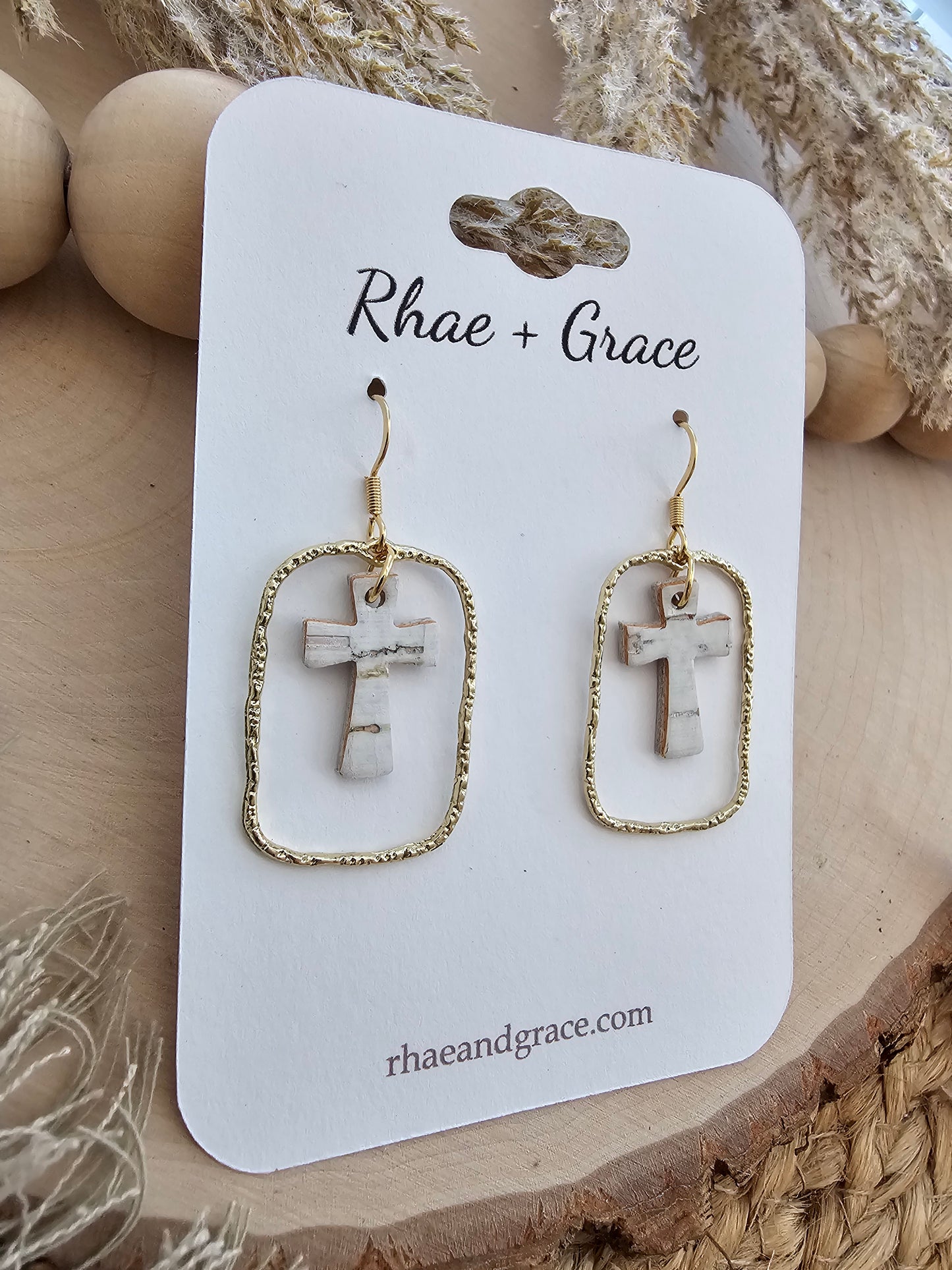 White & Gold Dainty Cross Earrings