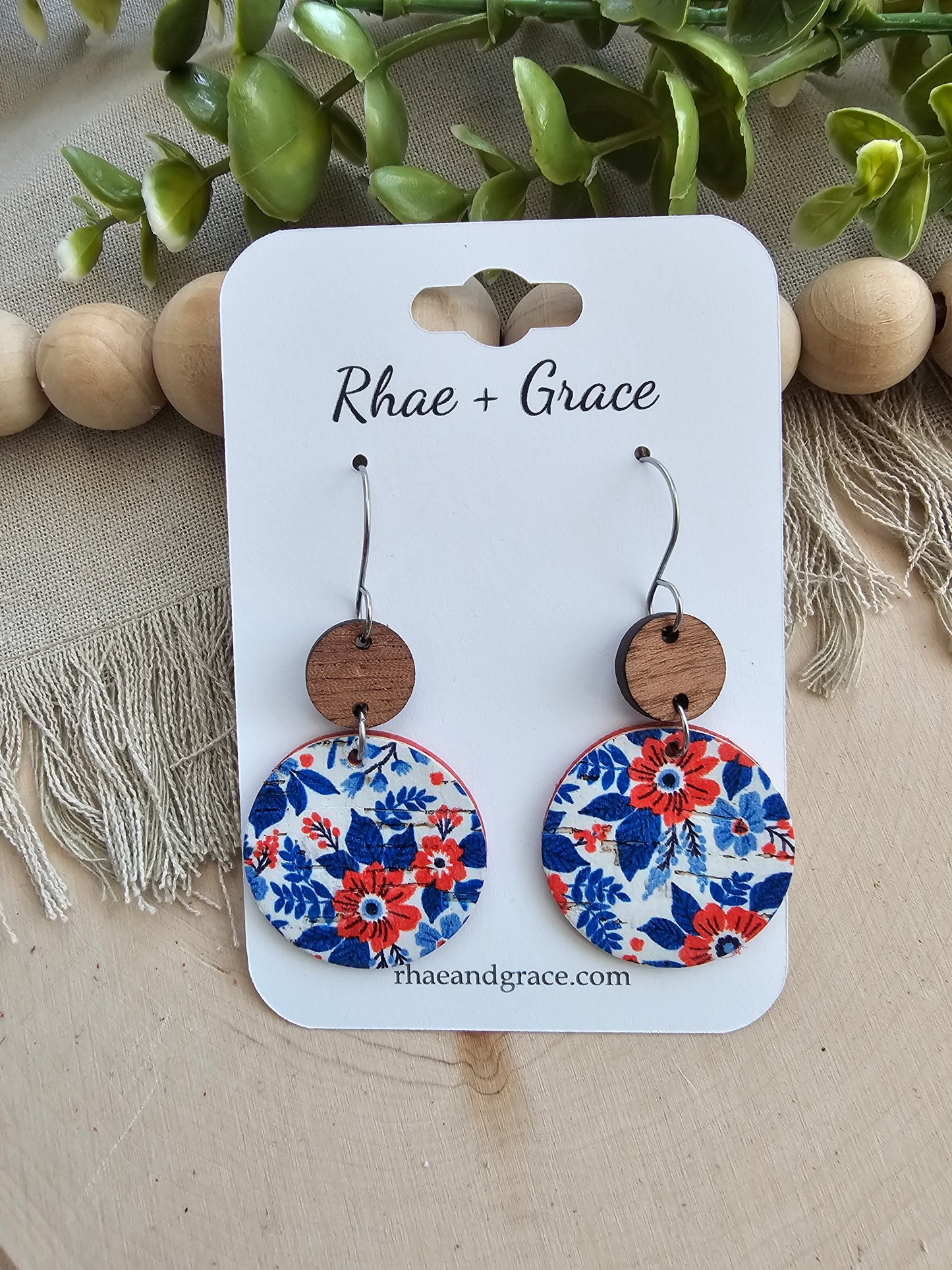 Red, White & Blue Floral Circle Drop Earrings