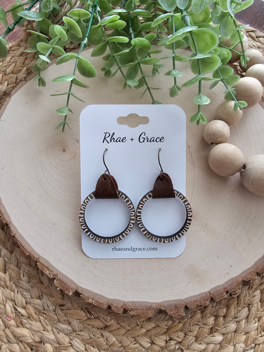 Whitewashed Art Deco Wood & Leather Hoop Earrings