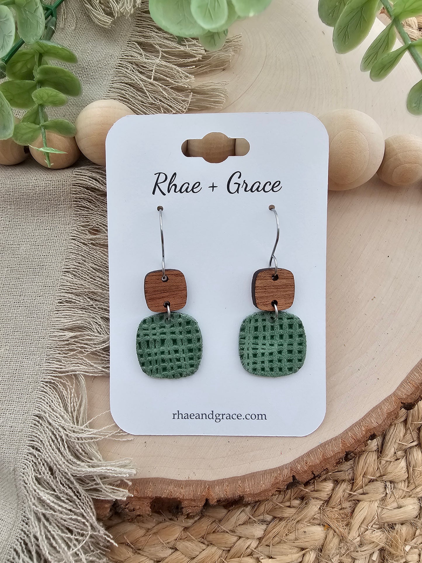 Green Linen Embossed Rounded Square Earrings