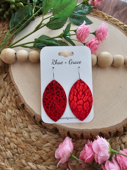 Red Leopard Print Shimmer Leaf Leather Earrings