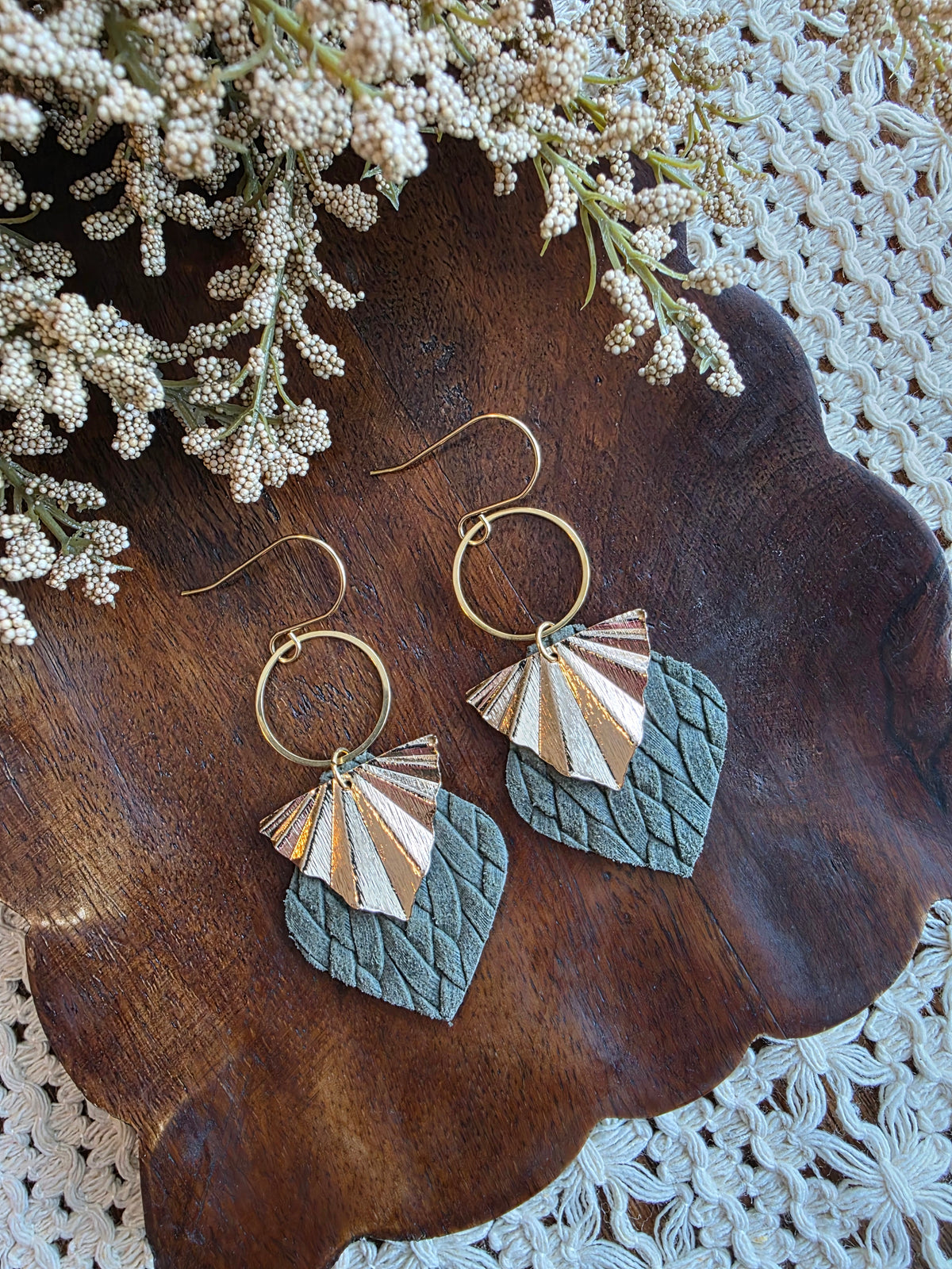 Olive Green Braided Gold Fan Earrings