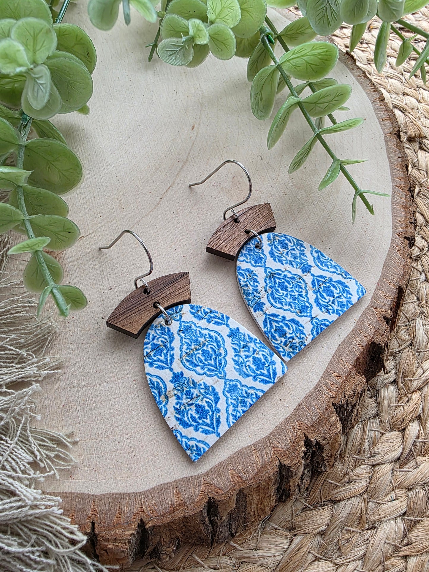 Blue & White Boho Tiles Closed Arch Earrings