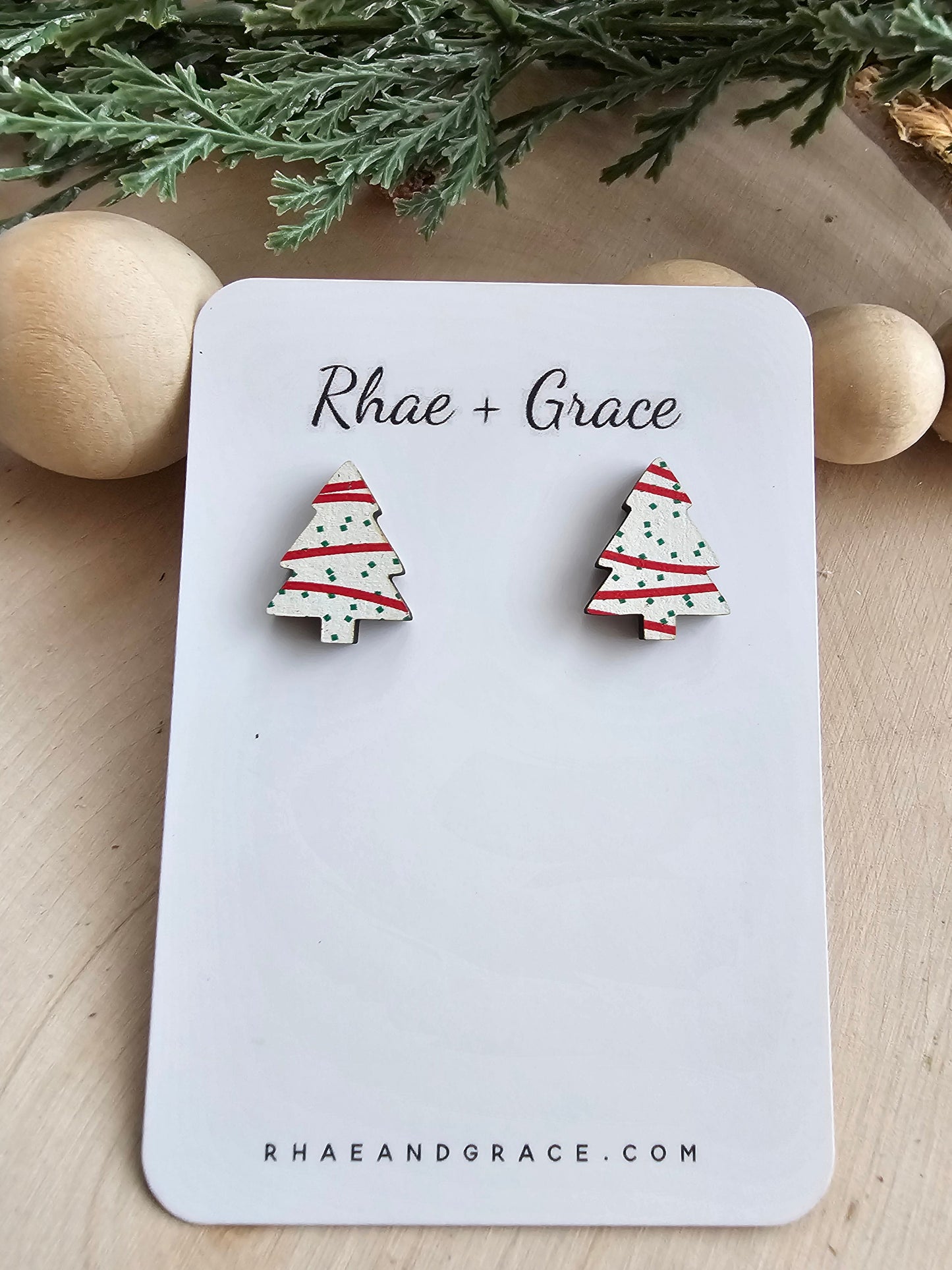 Christmas Tree Cake Wood Stud Earrings