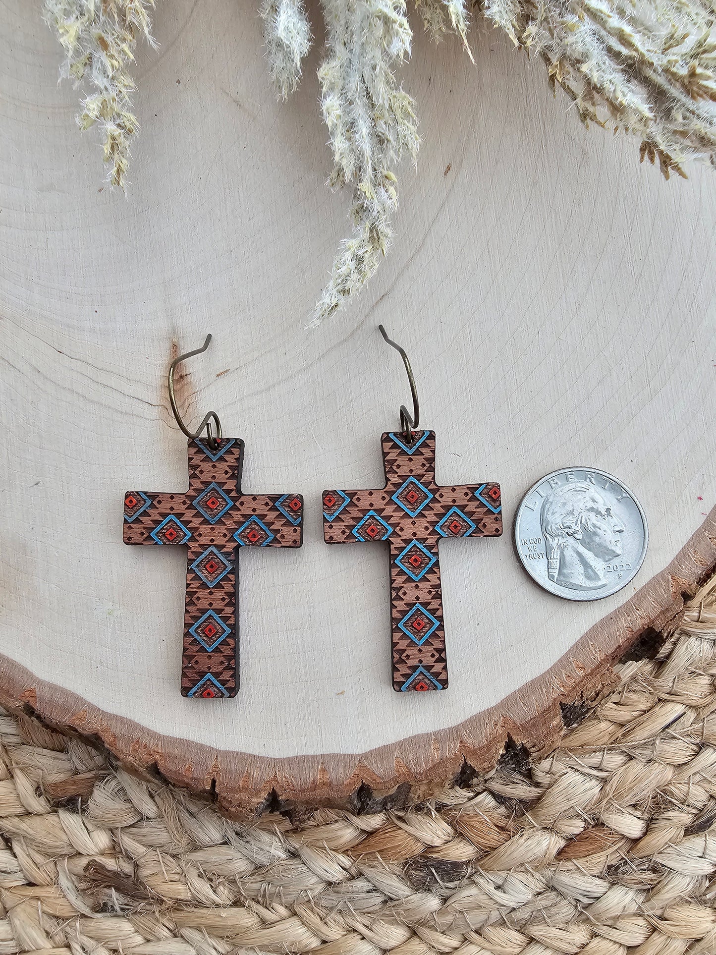 Southwestern Hand Painted Wood Cross Earrings