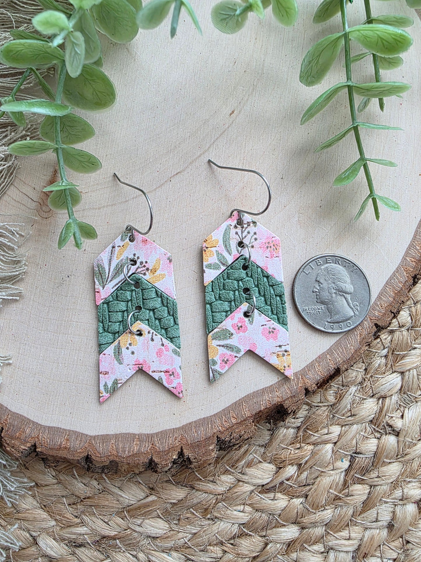 Pink & Green Floral Triple Chevron Arrow Earrings