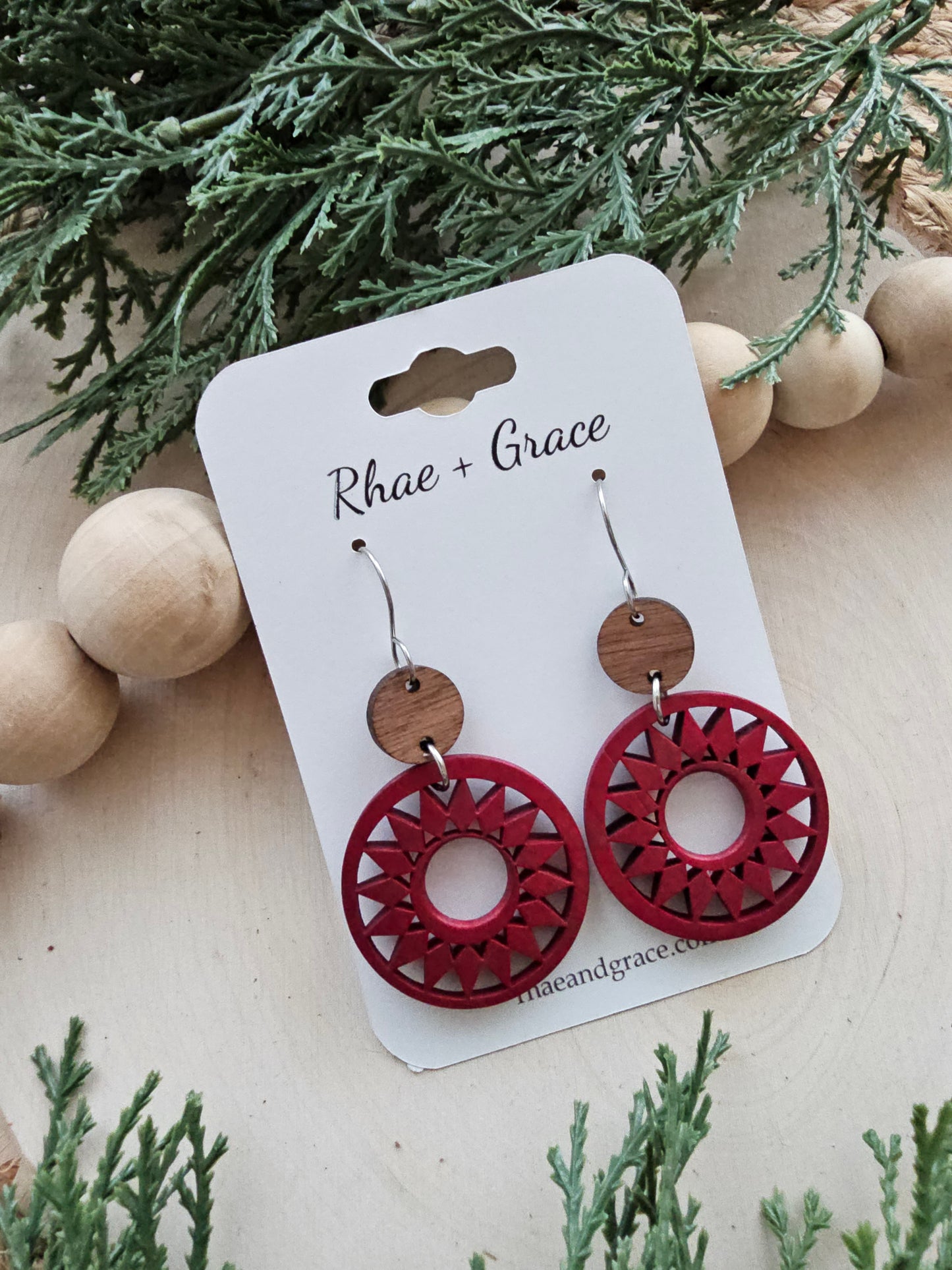 Deep Red Wood Star Hoop Earrings