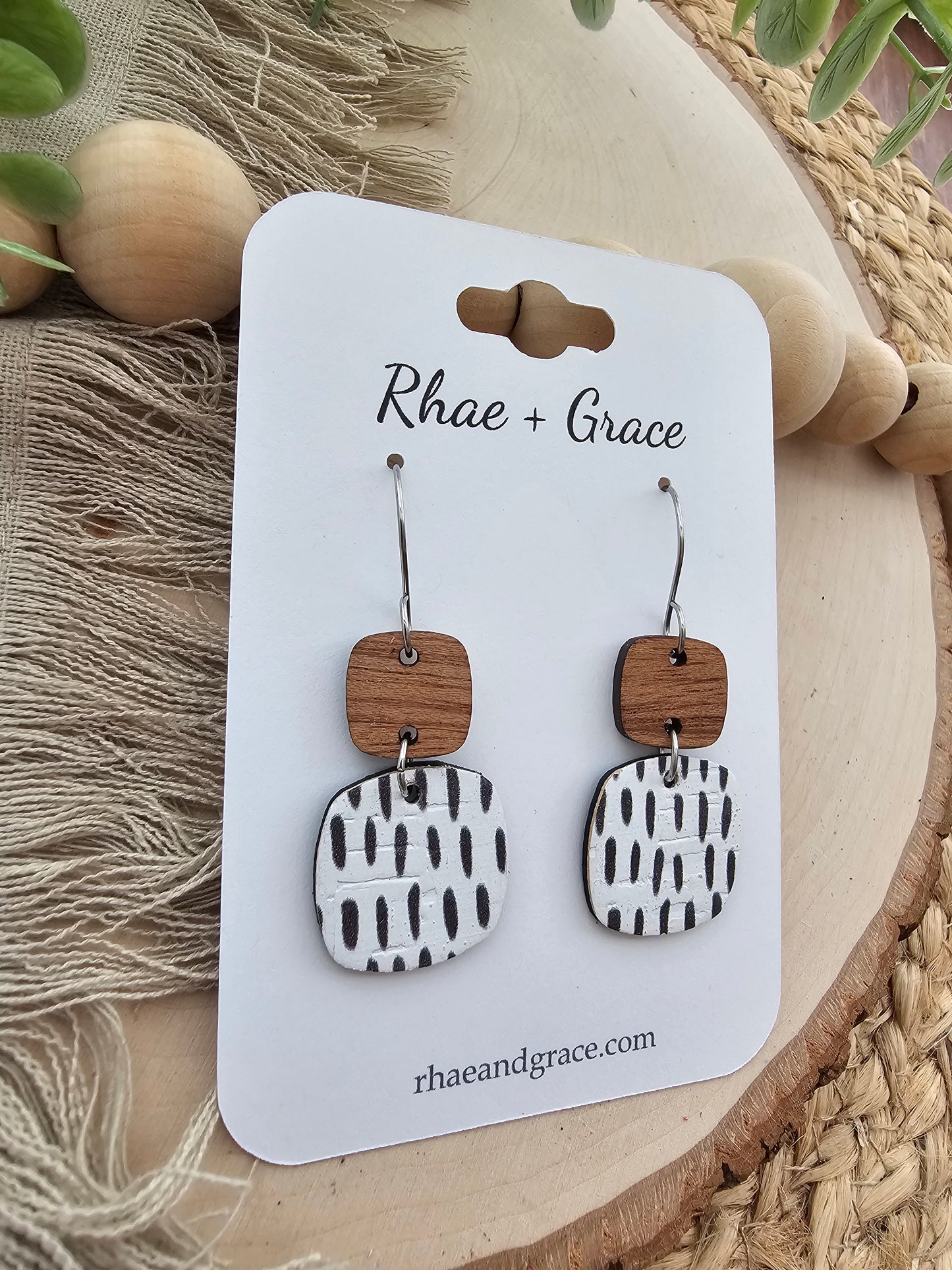 Black & White Dashes Rounded Square Earrings