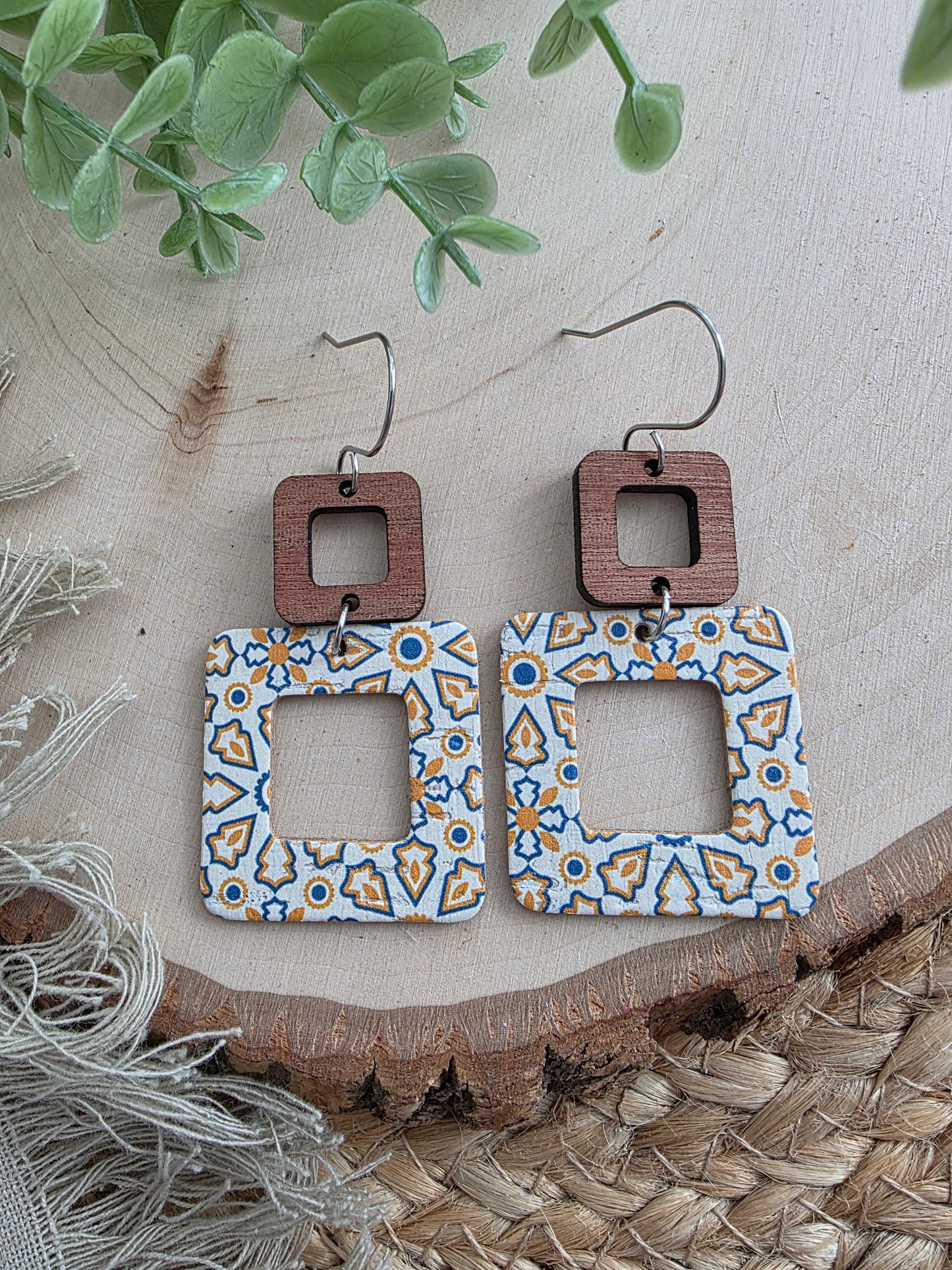 Blue & Yellow Moroccan Tile Rounded Square Cutout Earrings