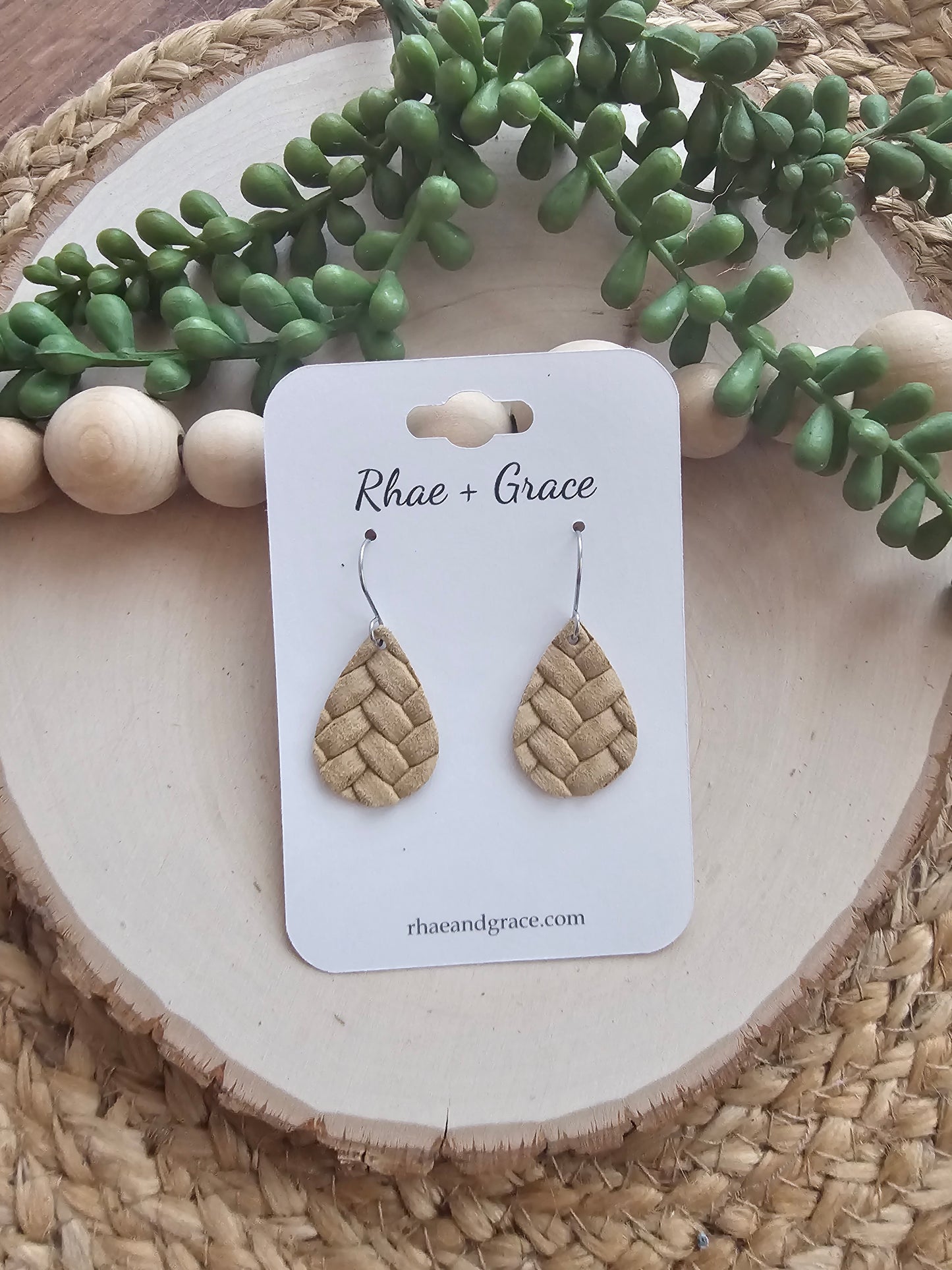 Sand Tan Box Braid Teardrop Earrings - Small