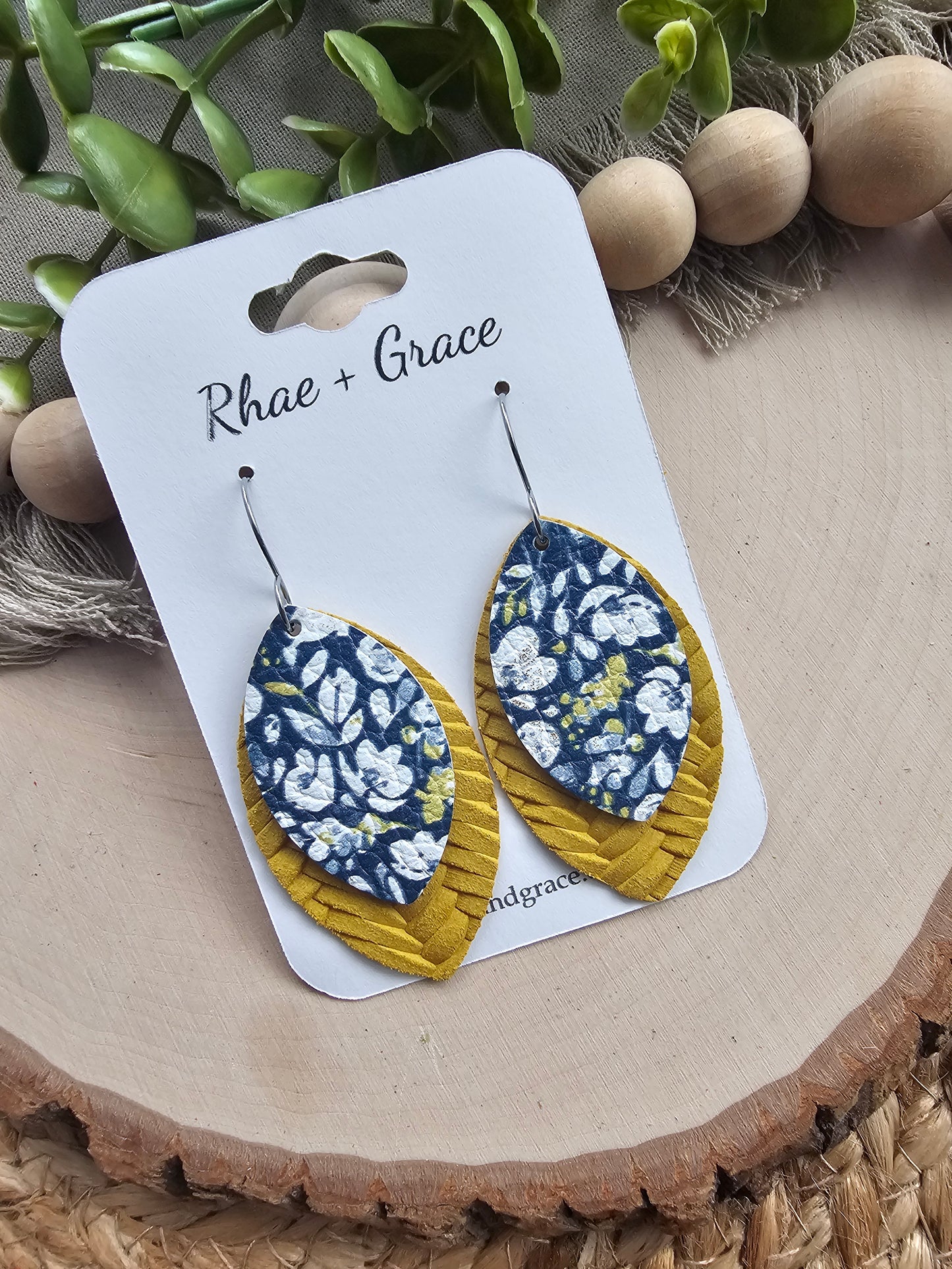 Navy, Mustard & White Poppies Layered Leaf Earrings