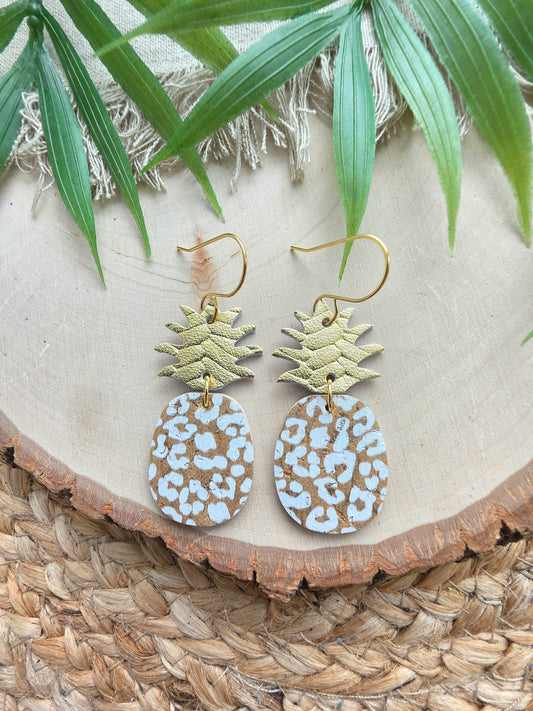 White & Gold Leopard Print Pineapple Earrings