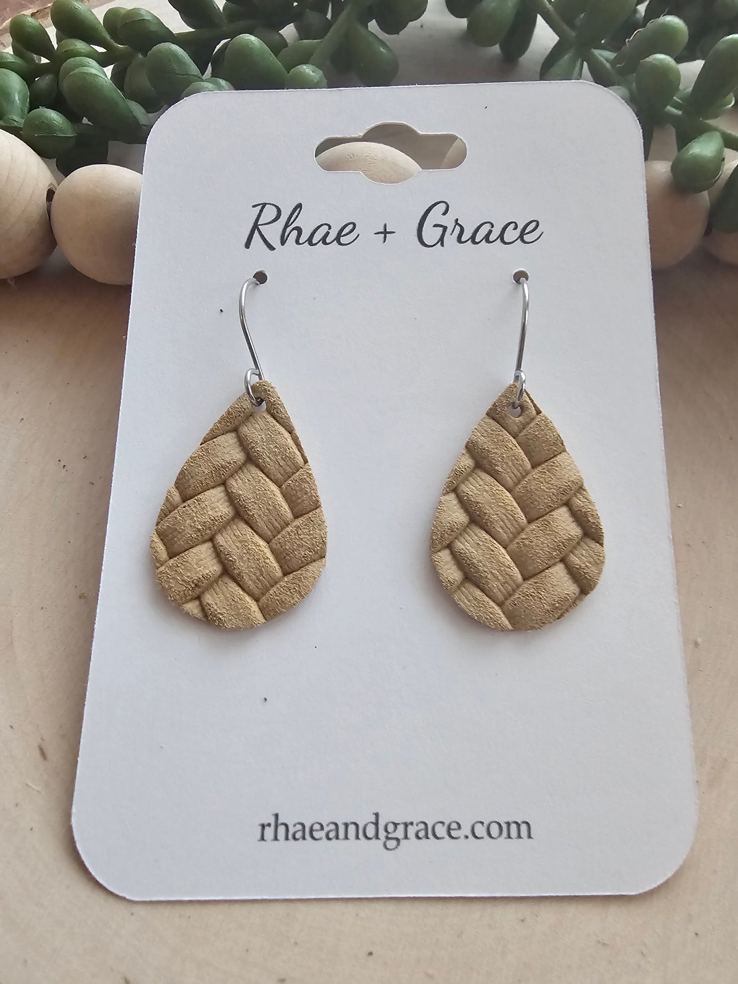 Sand Tan Box Braid Teardrop Earrings - Small