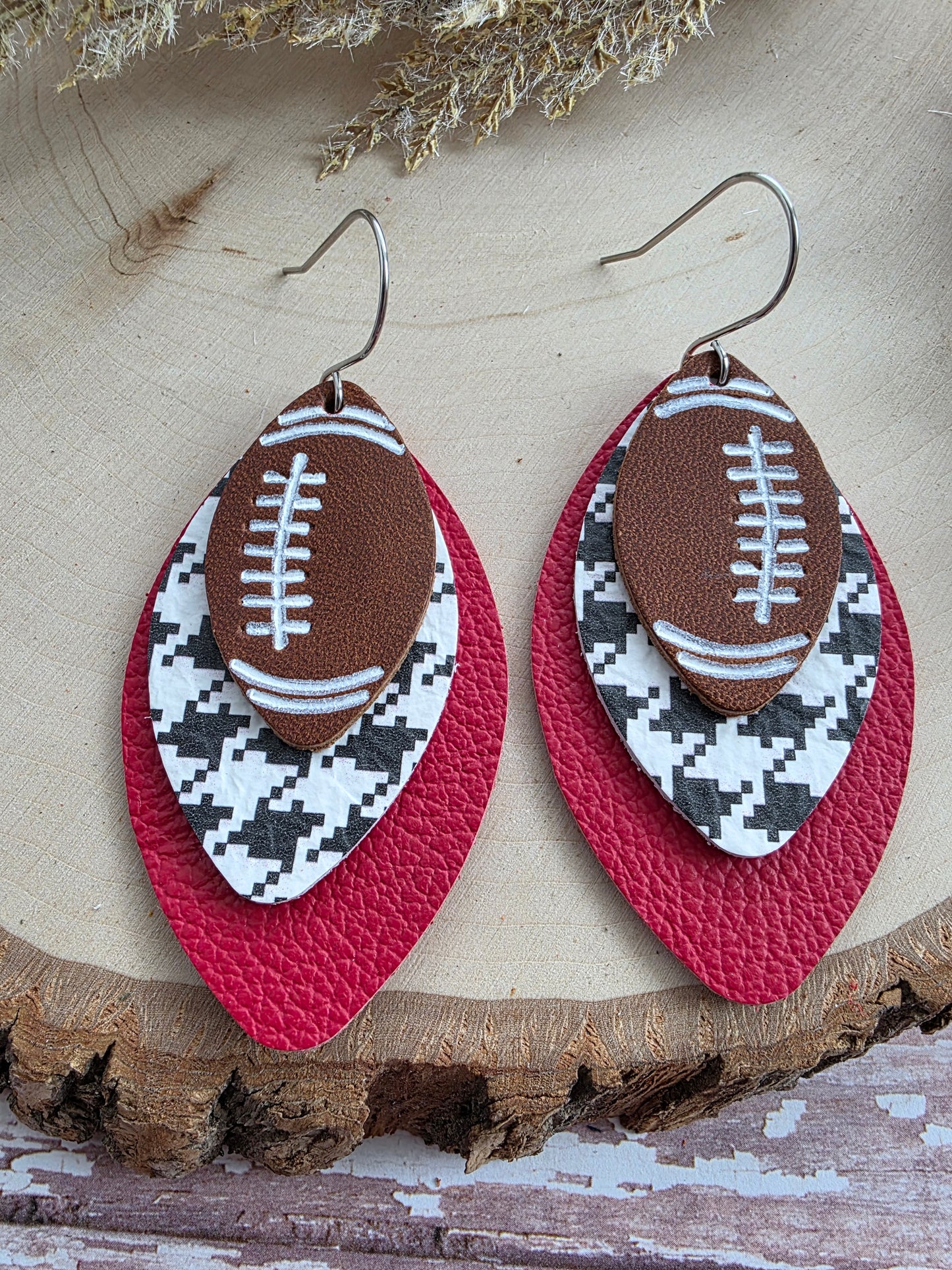 Dark Red & Houndstooth Layered Leather Football Earrings