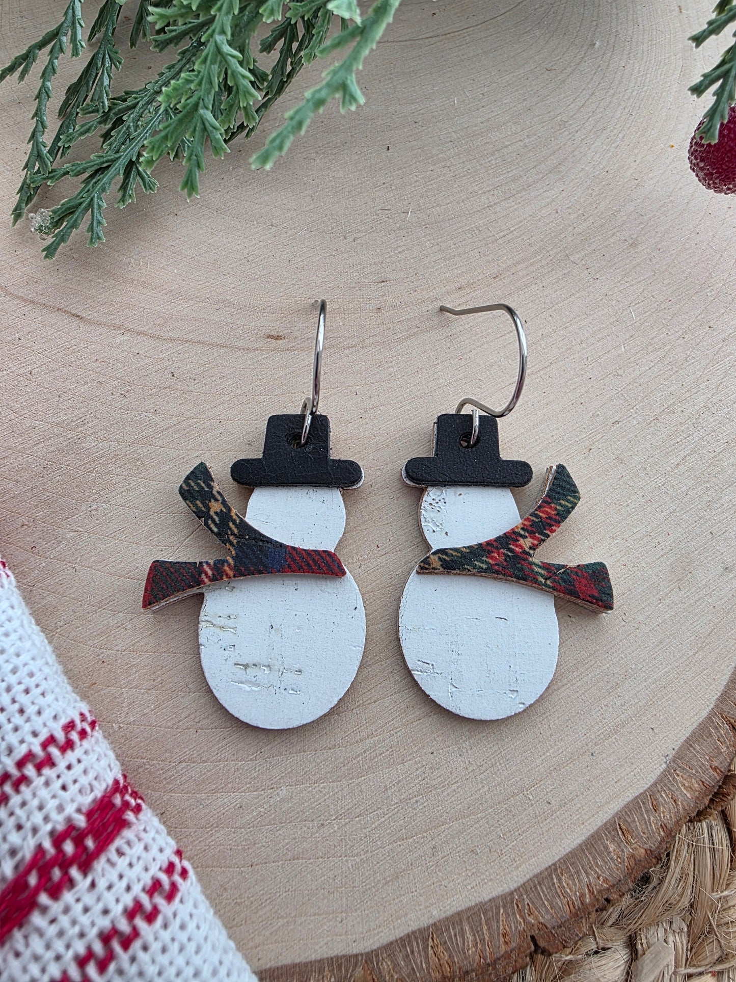 Snowmen Earrings - Red Plaid Scarf