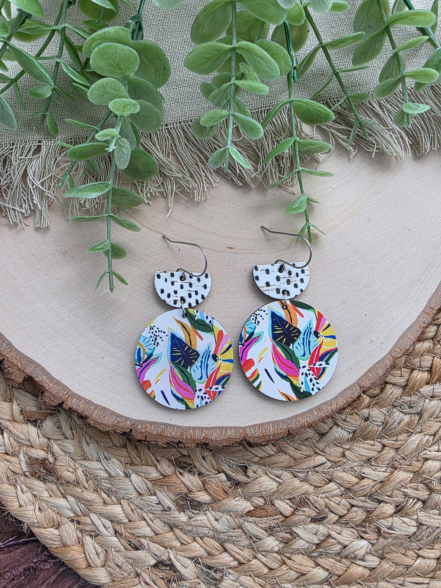 Colorful Tropical Floral Circle Earrings - Black & White Spotted