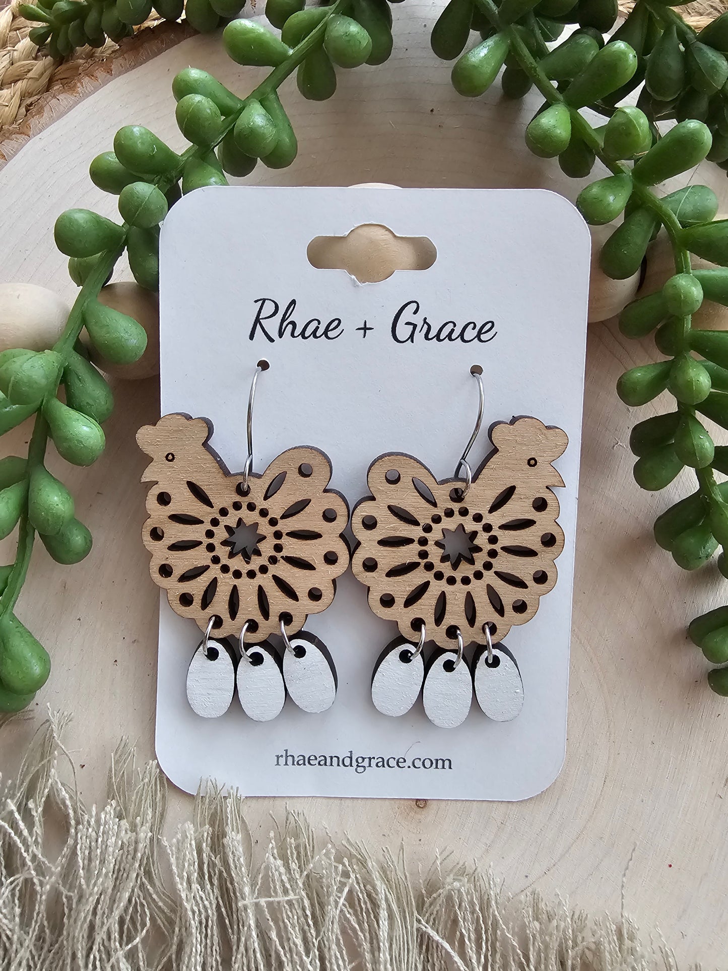 Country Chicken on Eggs Wood Earrings