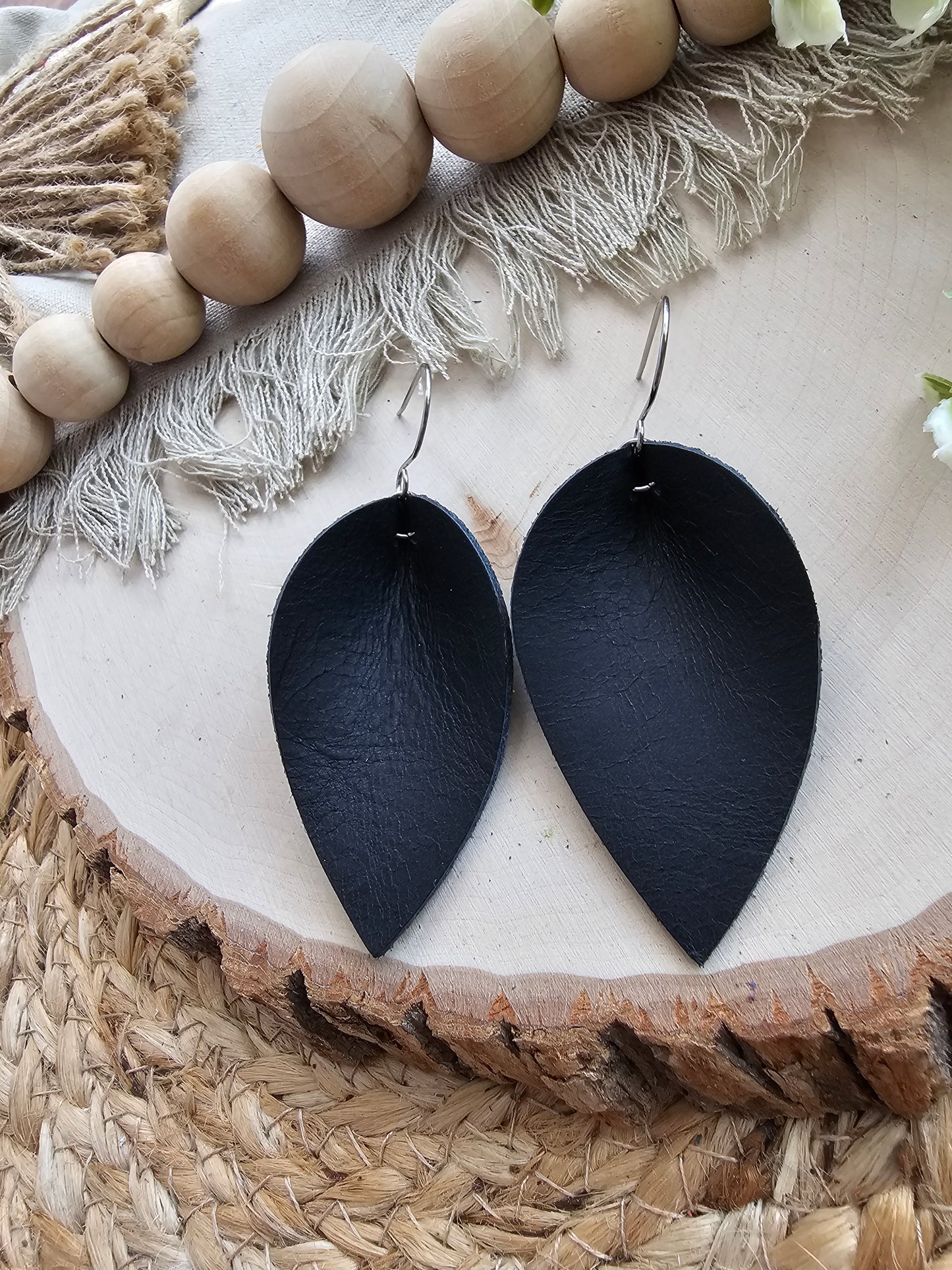 Distressed Matte Black Pinched Petal Earrings - Large (2.5")