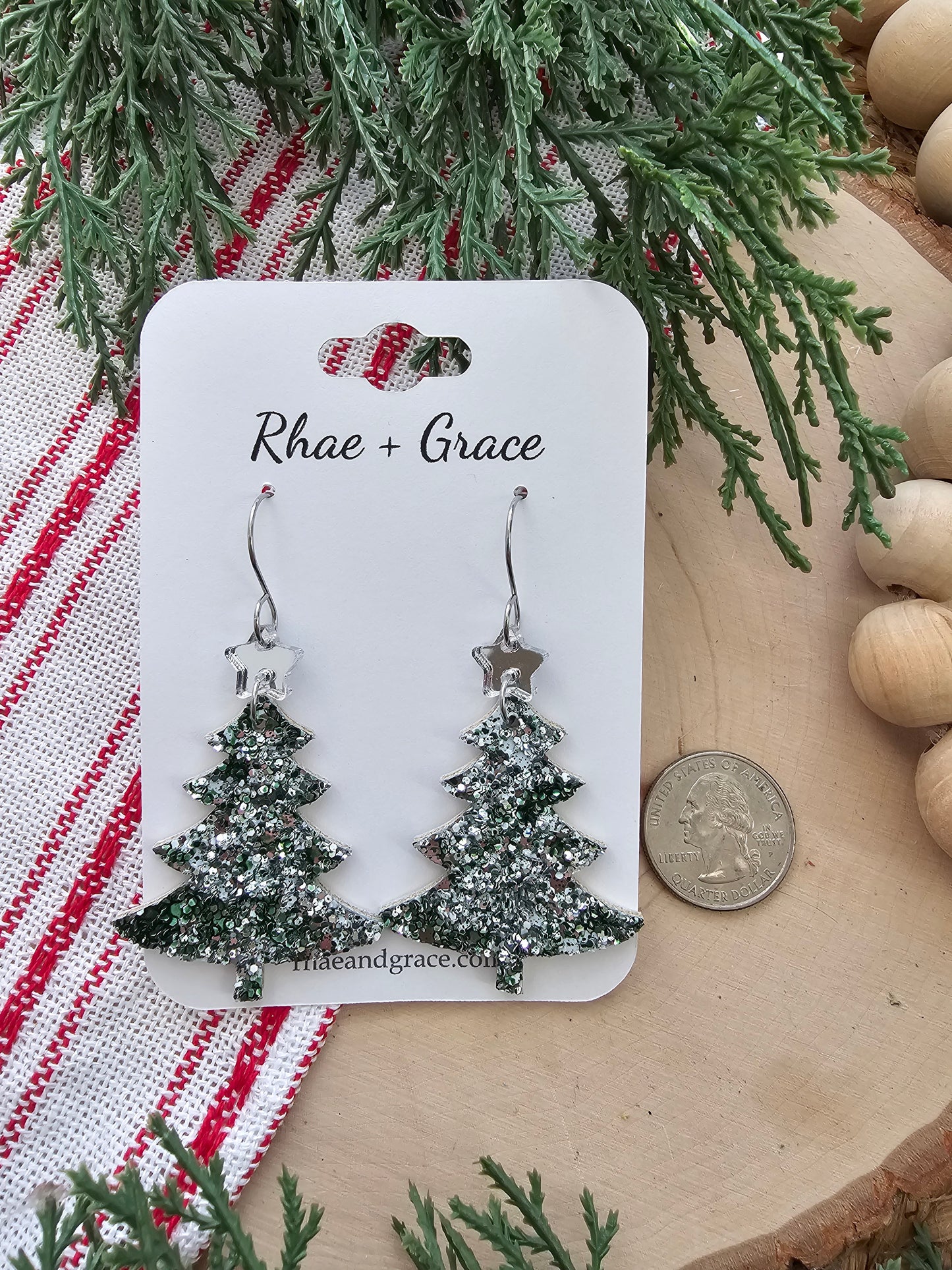 Green & Silver Glitter Christmas Tree Earrings