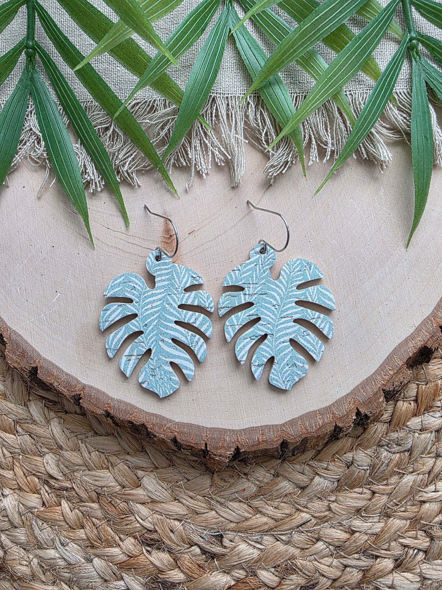 Seafoam Green Foliage Monstera Palm Leaf Earrings