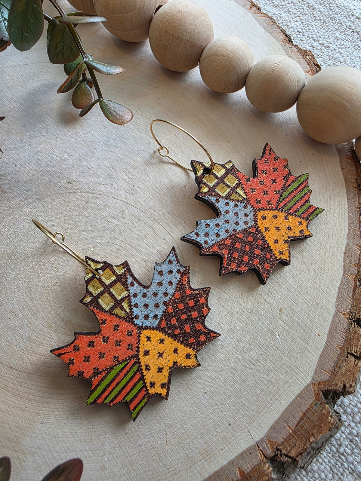 Patchwork Maple Leaf Wood Earrings - Orange