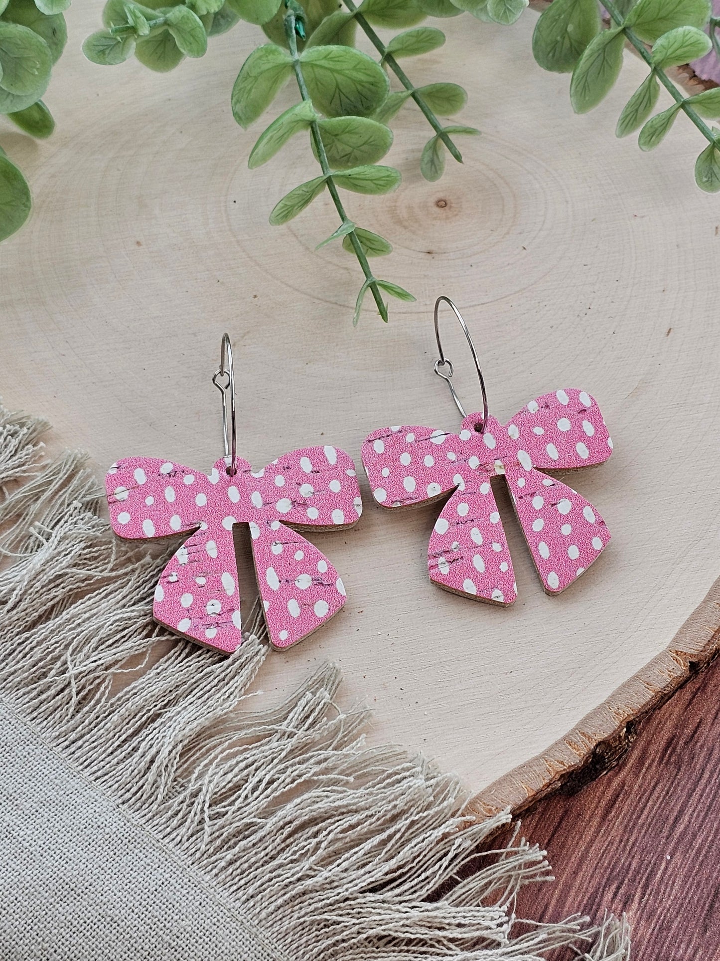 Pink & White Dotted Bow Earrings