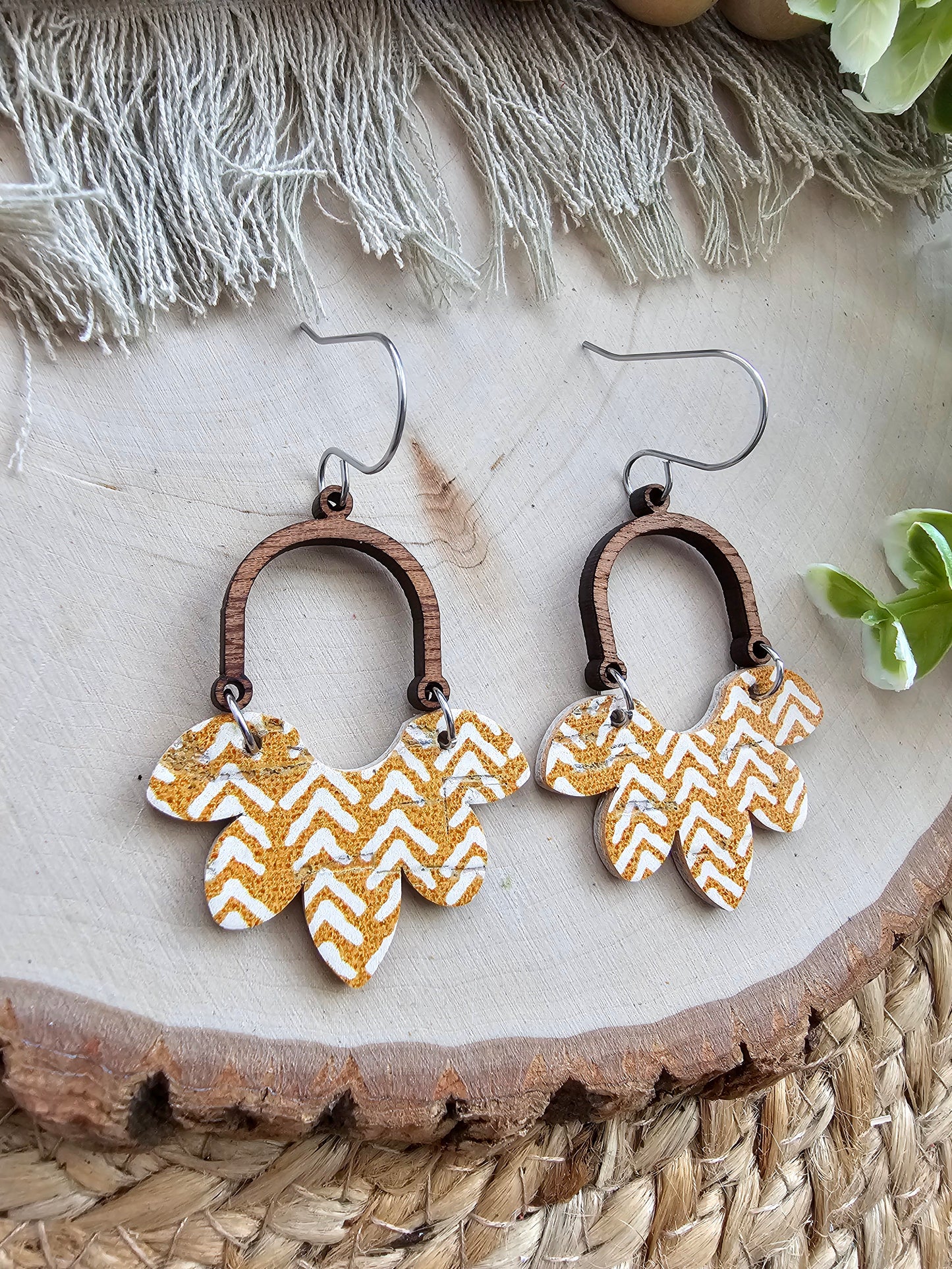 Mustard Broken Chevron Half Flower Earrings