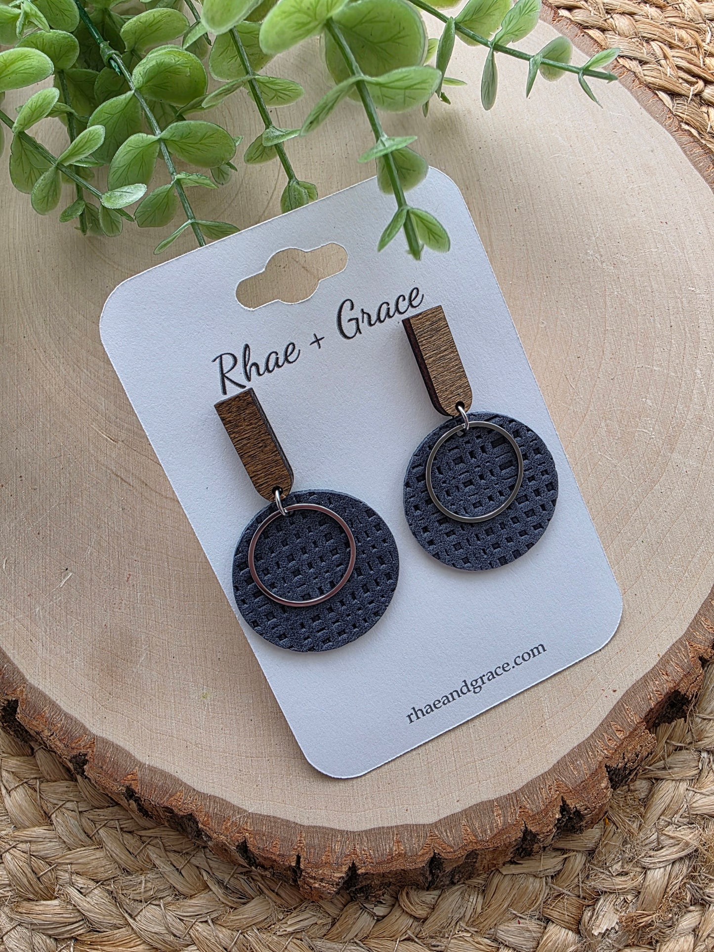 Navy Blue Embossed Linen Circle Earrings