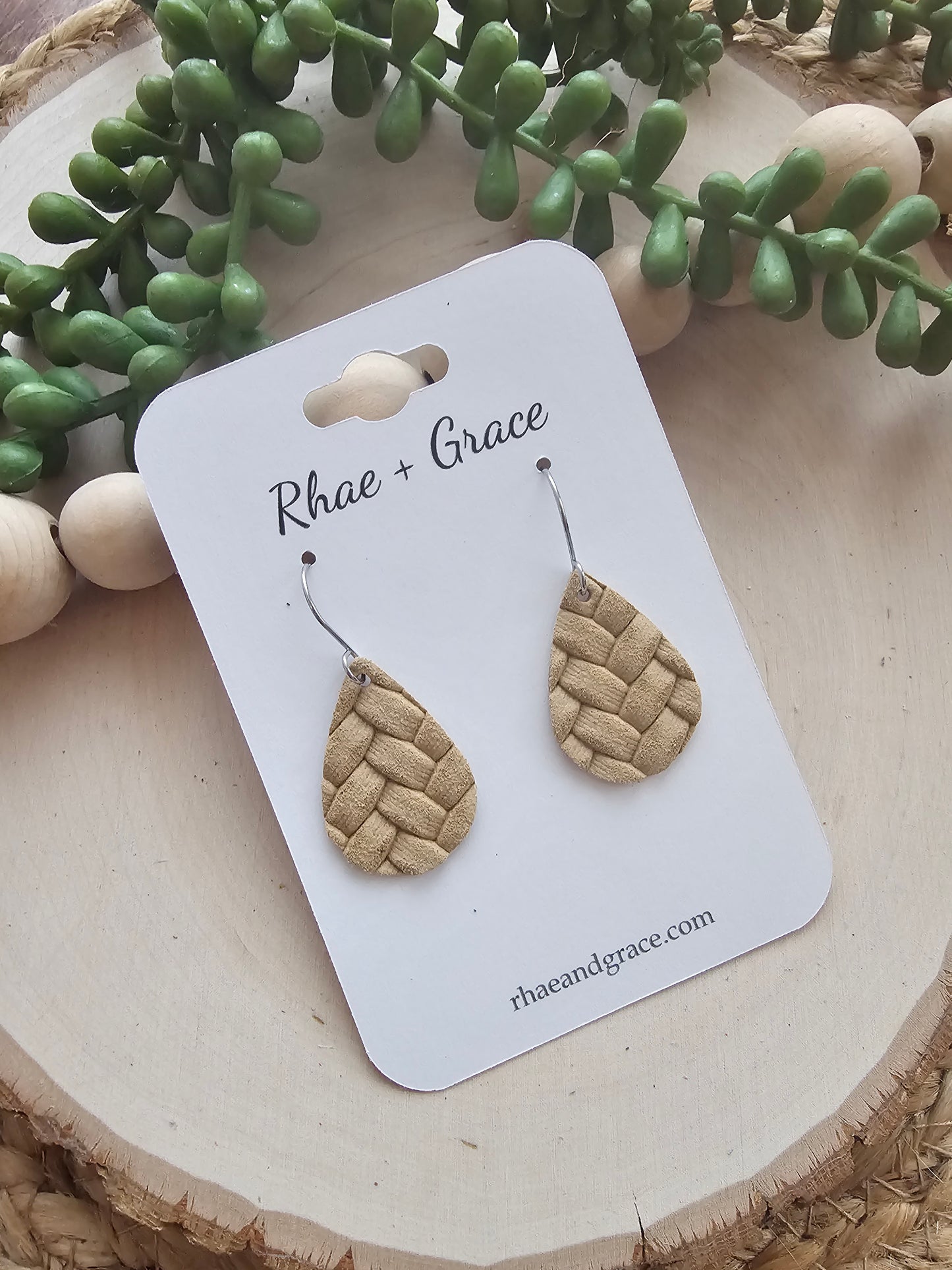 Sand Tan Box Braid Teardrop Earrings - Small