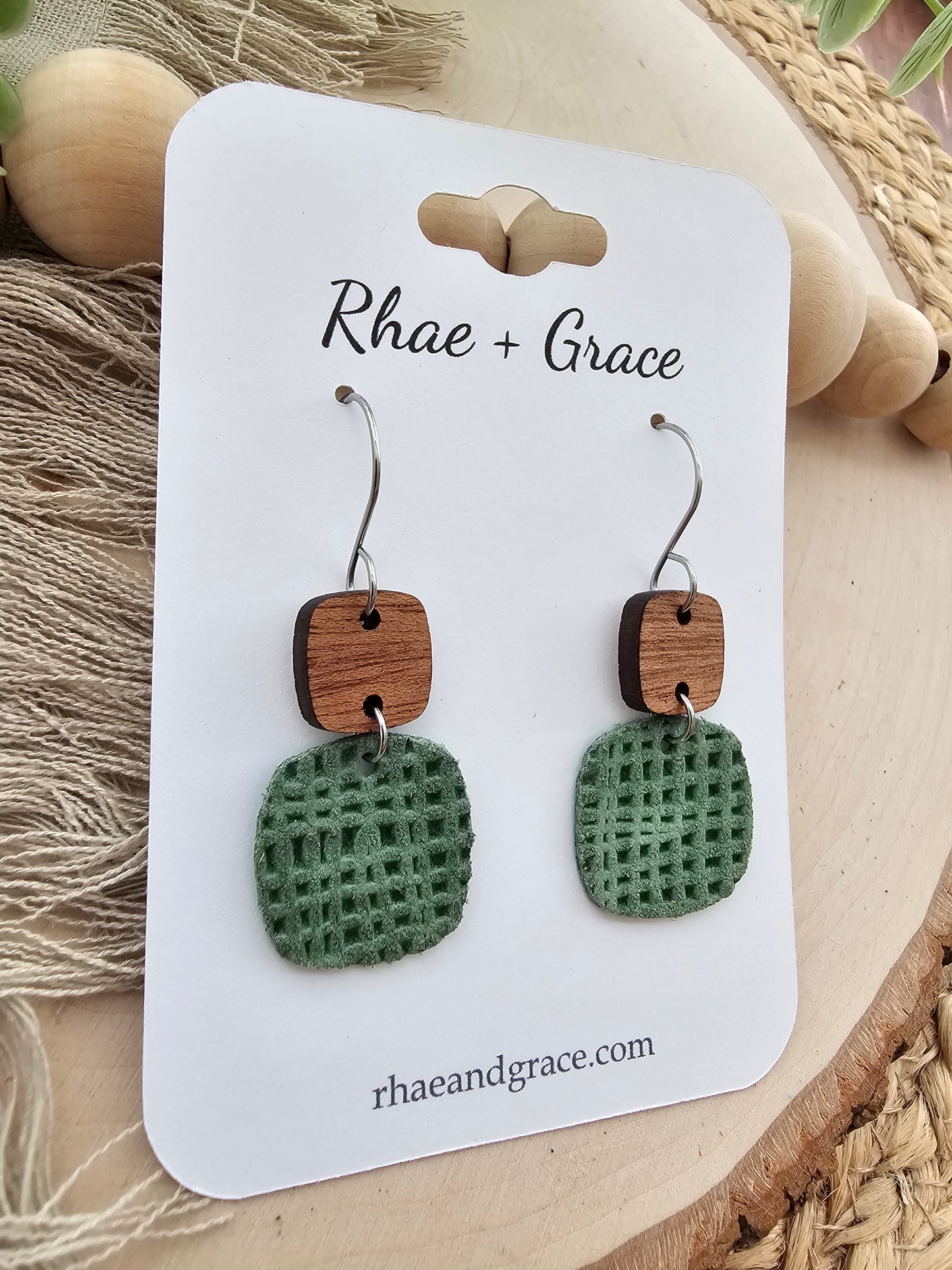 Green Linen Embossed Rounded Square Earrings