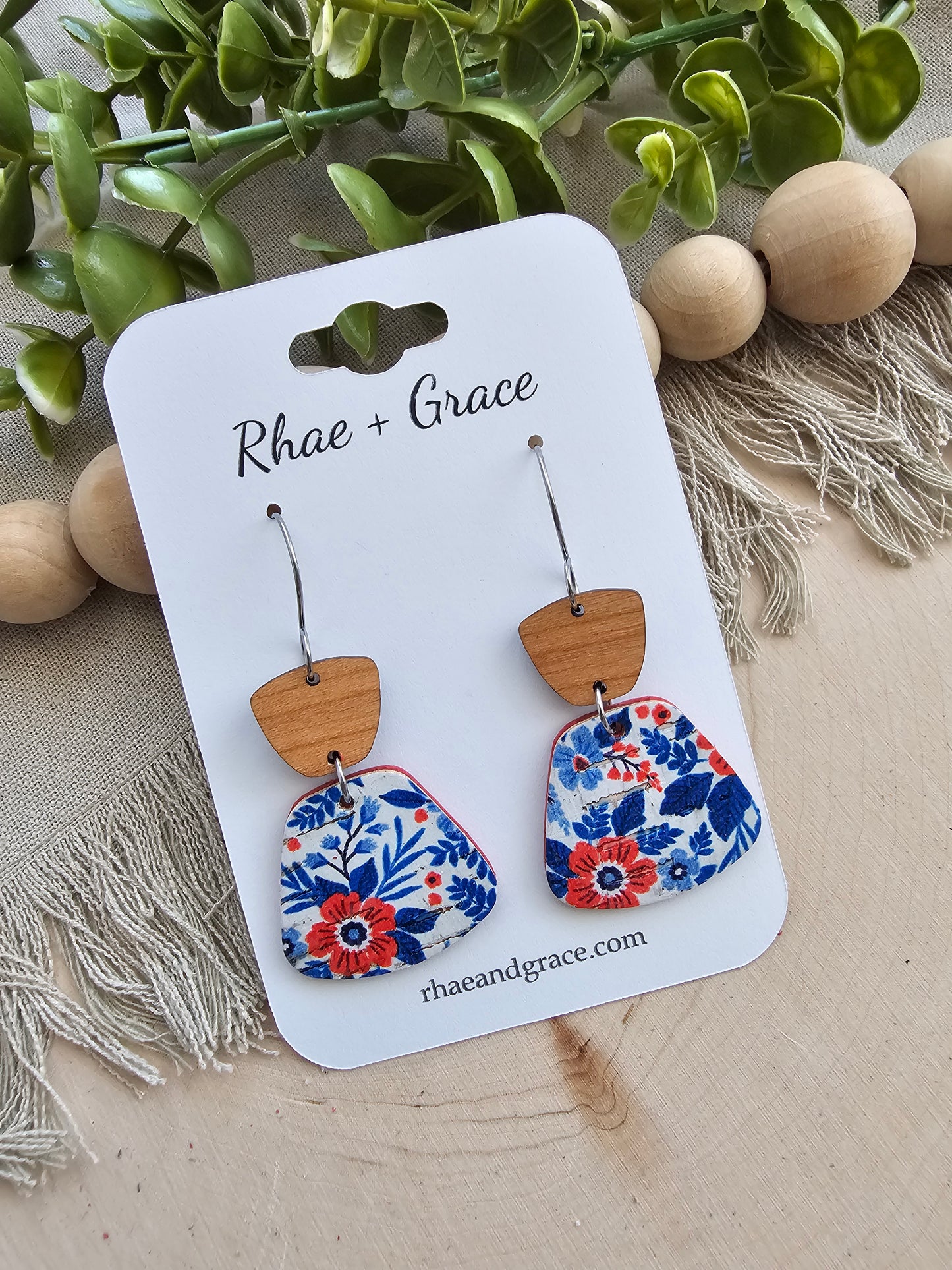 Red, White & Blue Floral Rounded Trapezoid Earrings