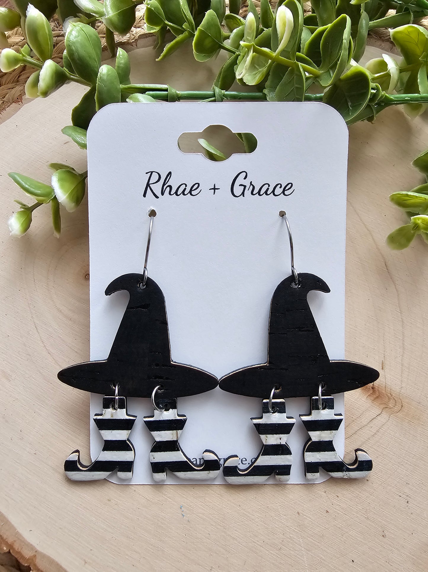 Witch Hat Black & White Striped Boots Earrings