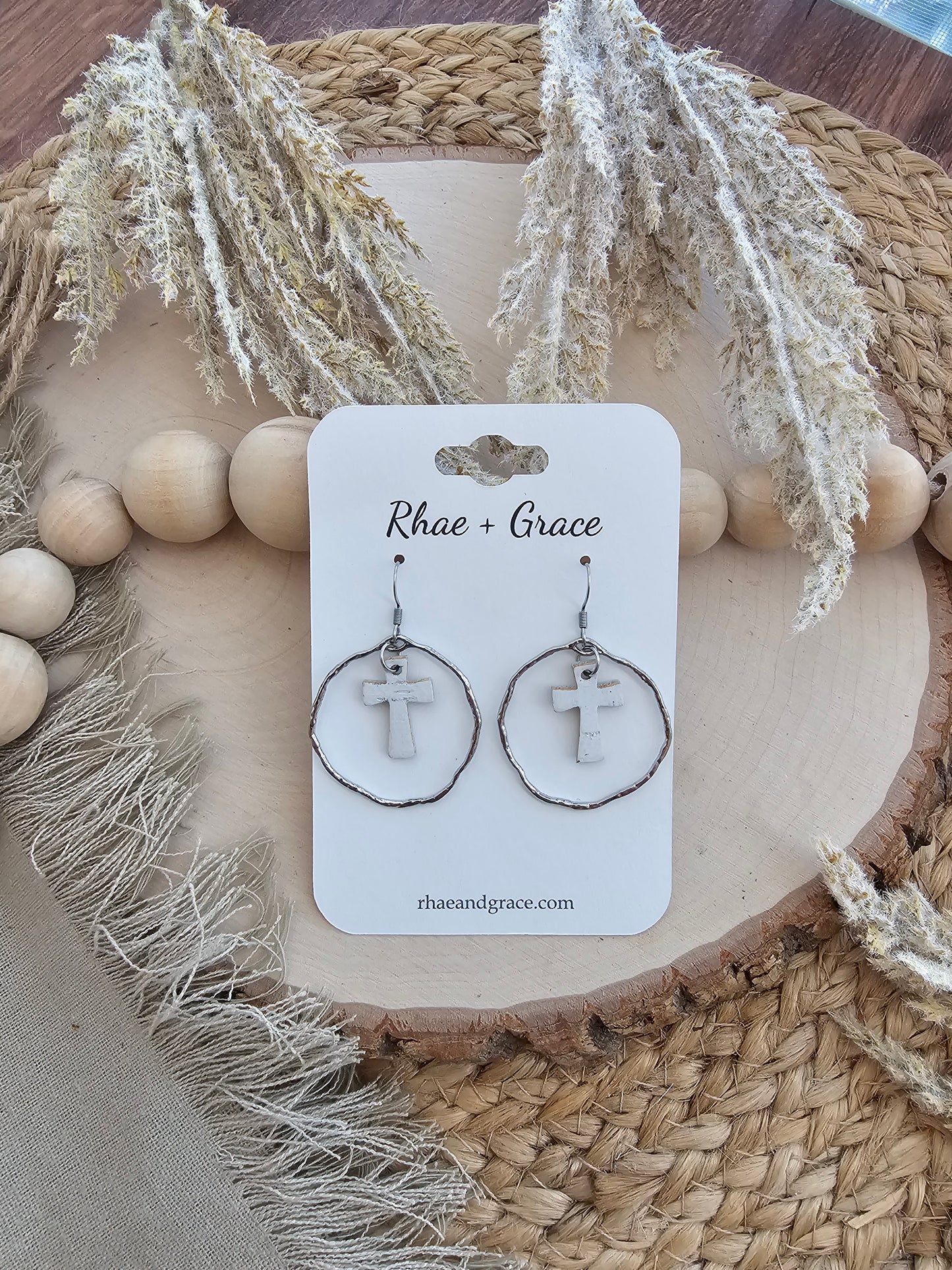 White & Siver Dainty Round Cross Earrings