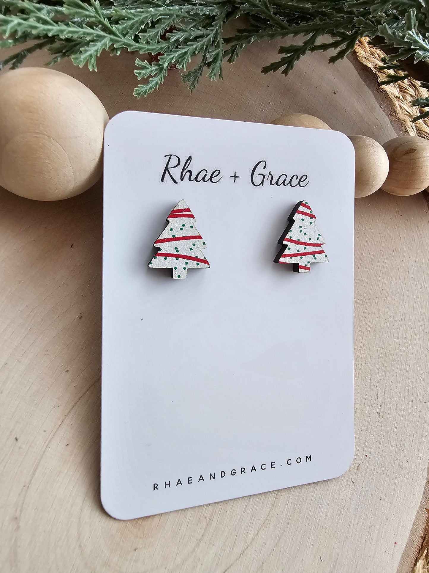 Christmas Tree Cake Wood Stud Earrings