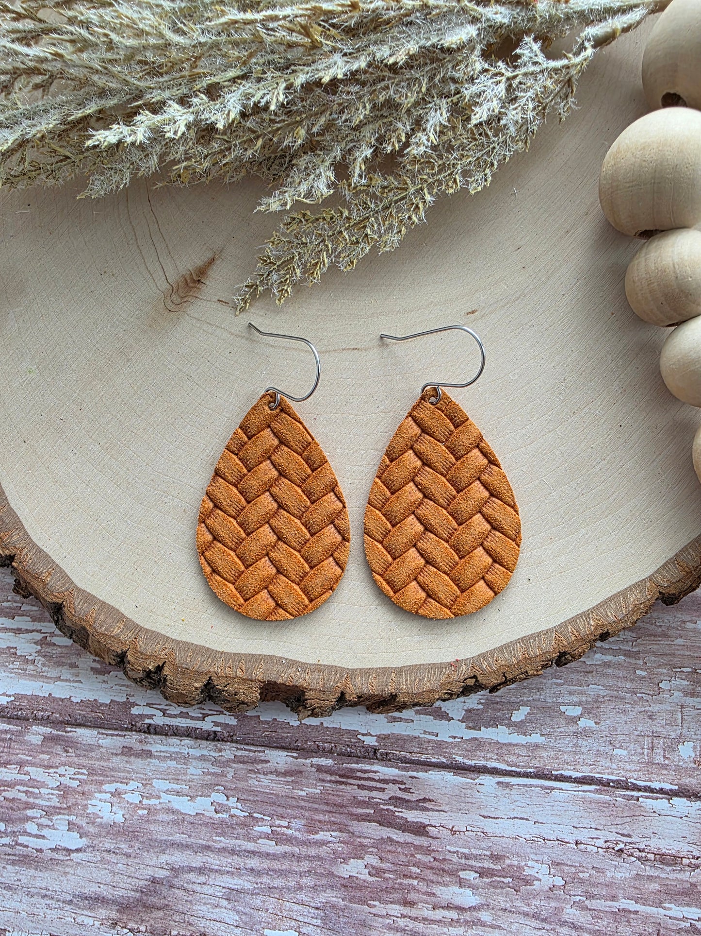 Ginger Orange Box Braid Teardrop Earrings - Medium