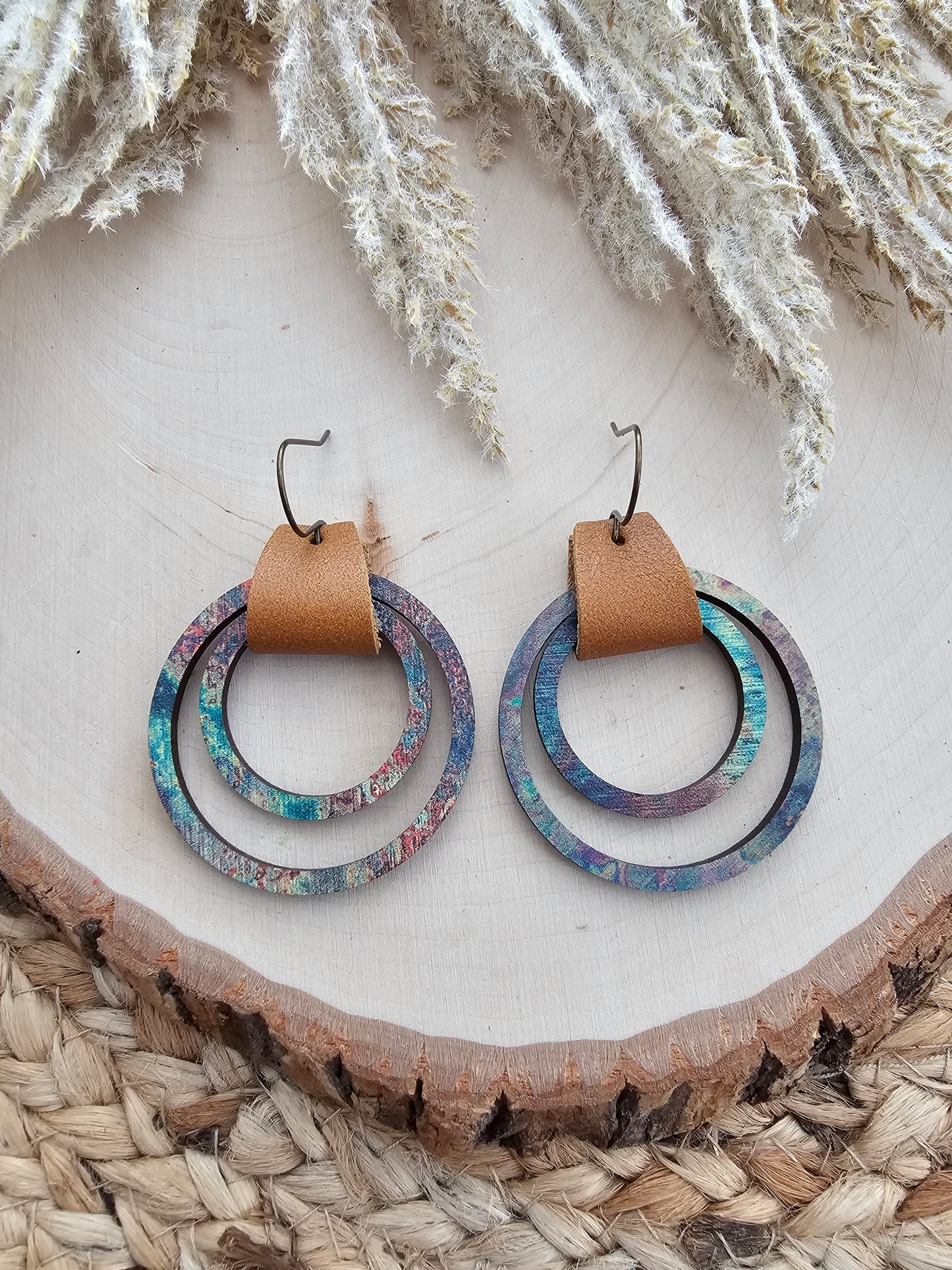 Rustic Leather & Wood Hoop Earrings