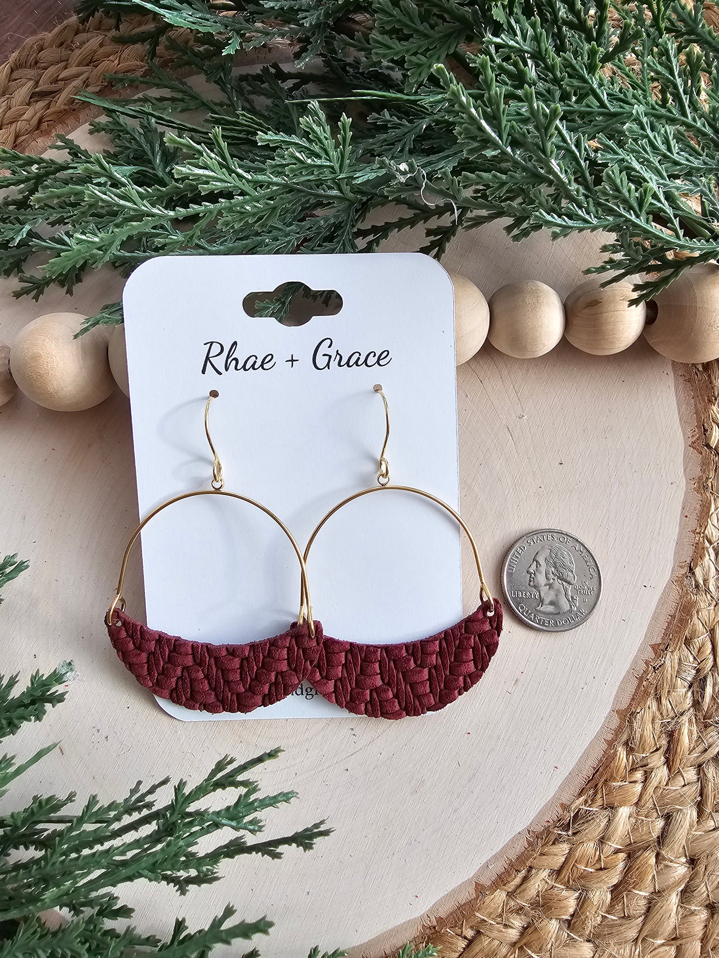 Wine Knit Embossed Crescent Hoop Leather Earrings