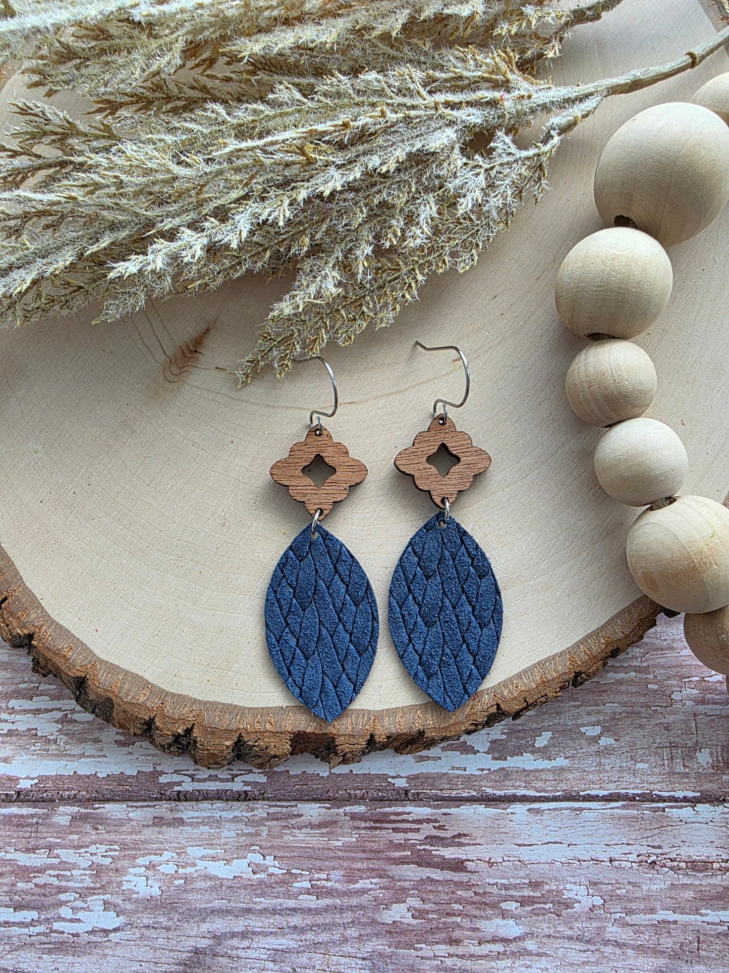 Navy Blue Leather Leaf Earrings