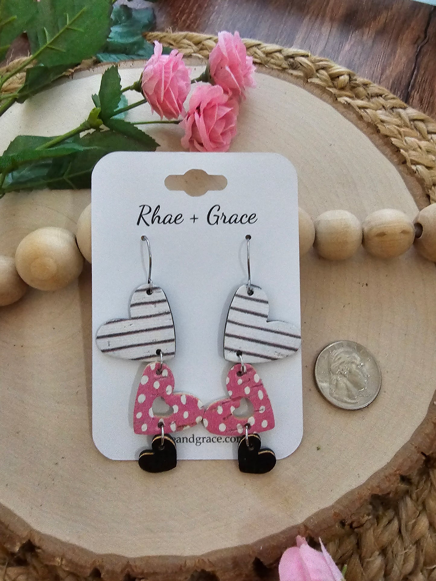 Pink Dot & Striped Cascading Heart Earrings