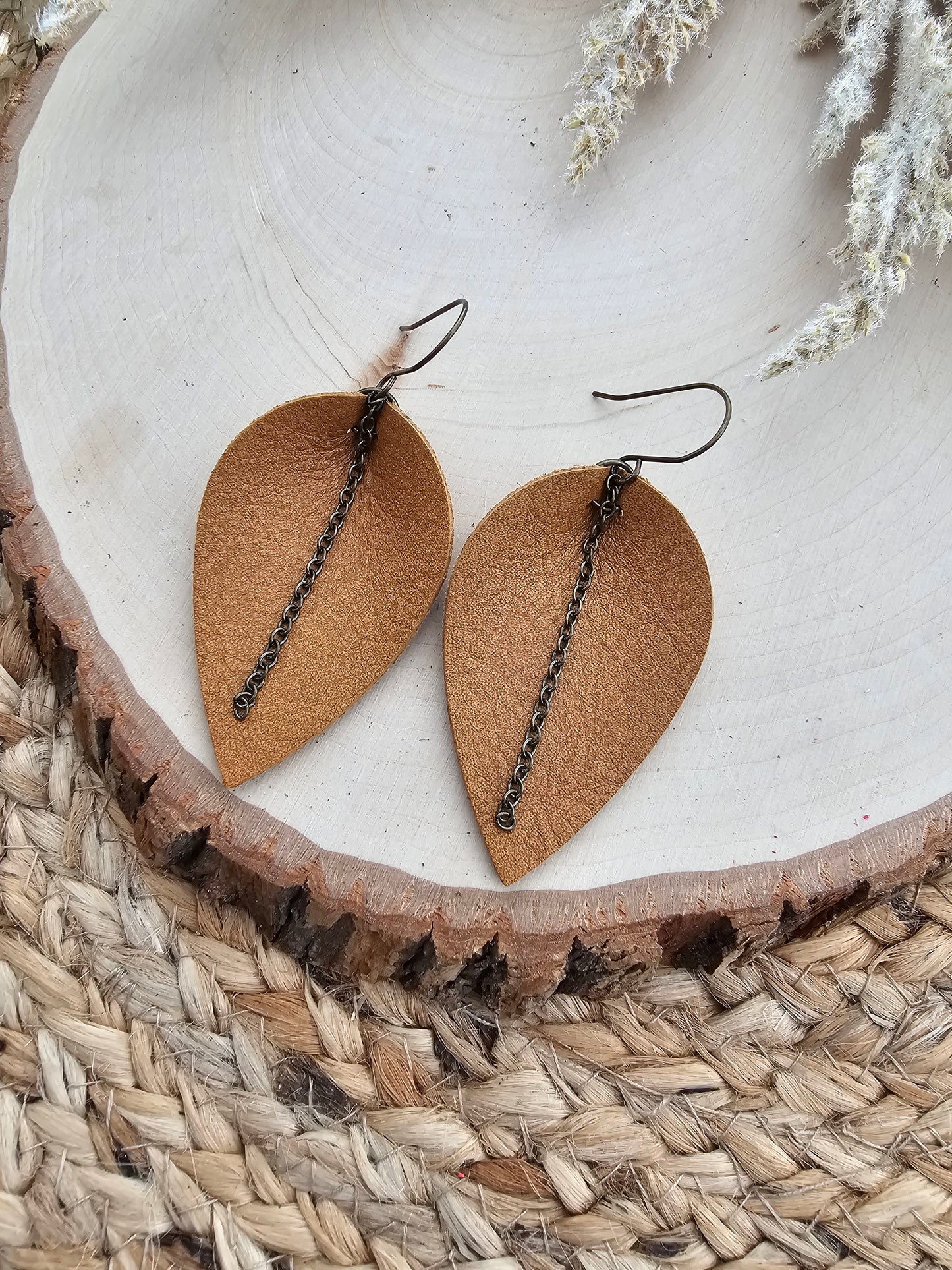 Honey Brown Chain Pinched Petal Earrings - Large (2.5")